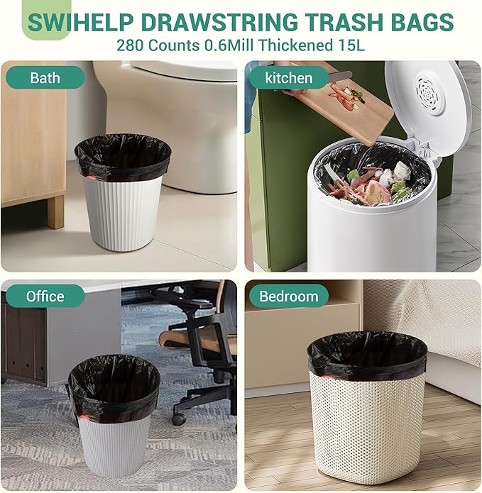 SWIHELP Drawstring Trash Bags 280 Counts 4 Gallon Garbage Bags 15 Liters