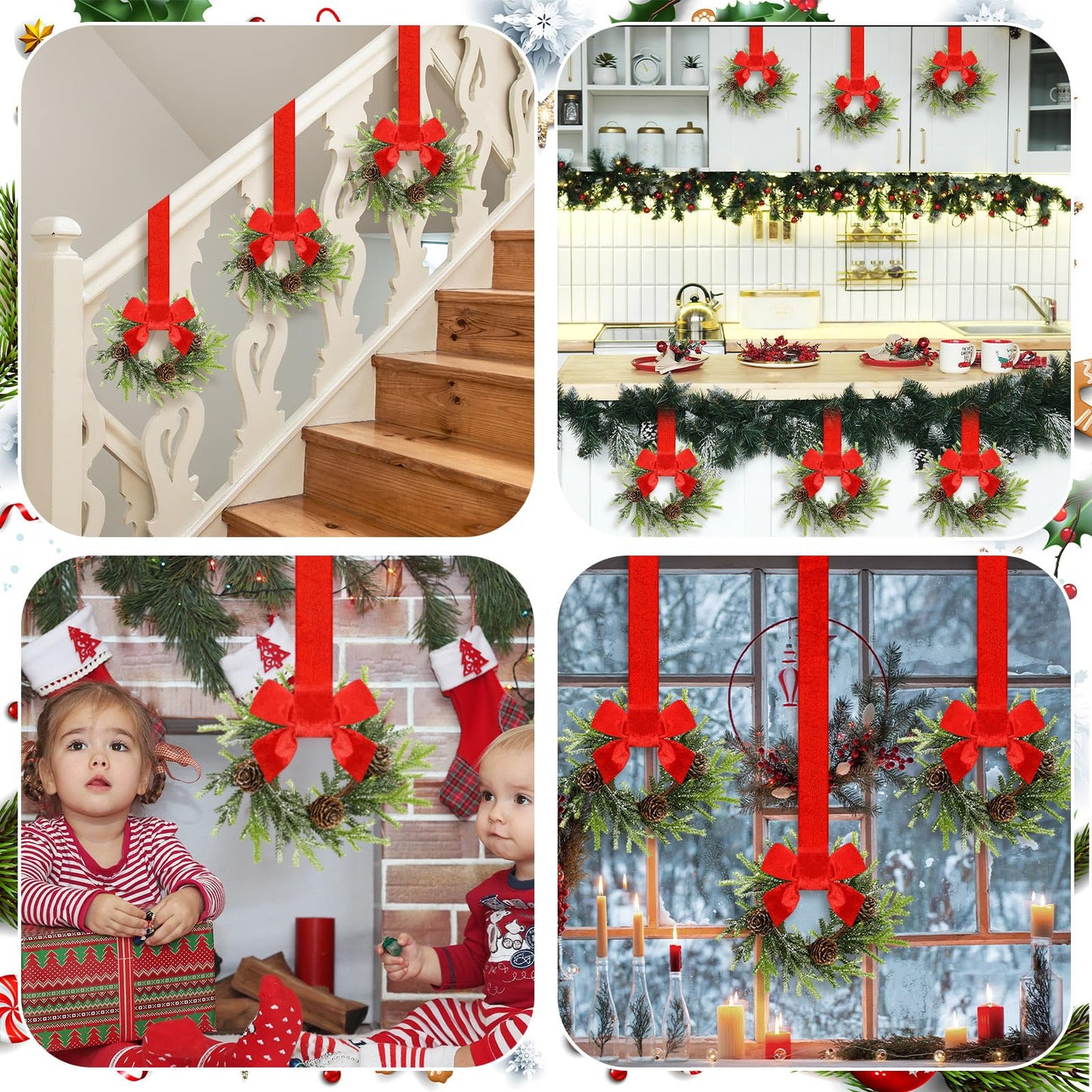Dingion 6 Pcs 6 Inch Christmas Mini Cabinet Wreaths for Kitchen with Ribbon Bows Norfolk Pine Small Window Wreaths Garland for Door Window Farmhouse Christmas Party Decorations