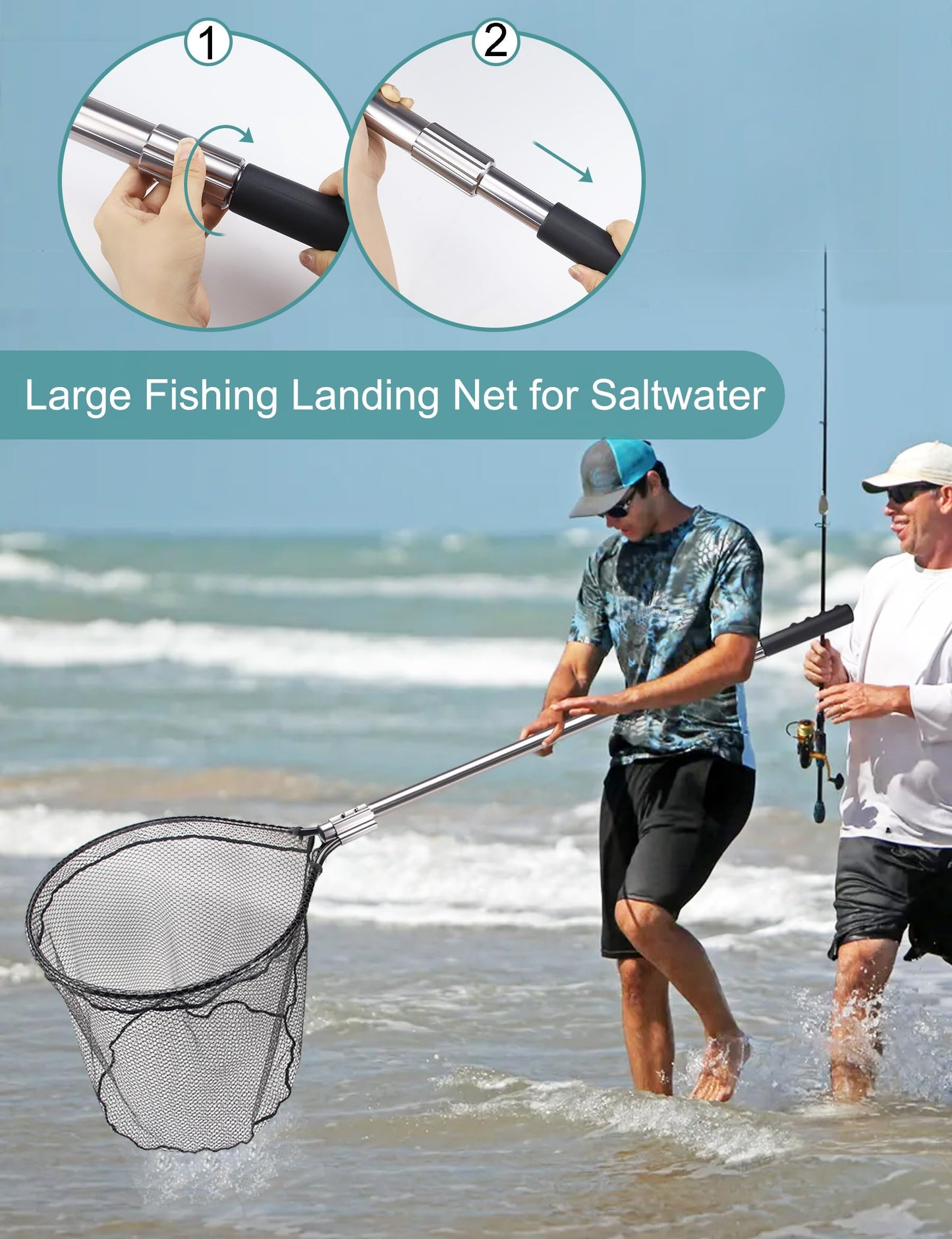 Avlcoaky 94" Telescopic Fishing Landing Net - Heavy-Duty Aluminum Handle with Non-Snag Rubber Coated Mesh, Extra Large Fishing Net for Saltwater Boat Fishing