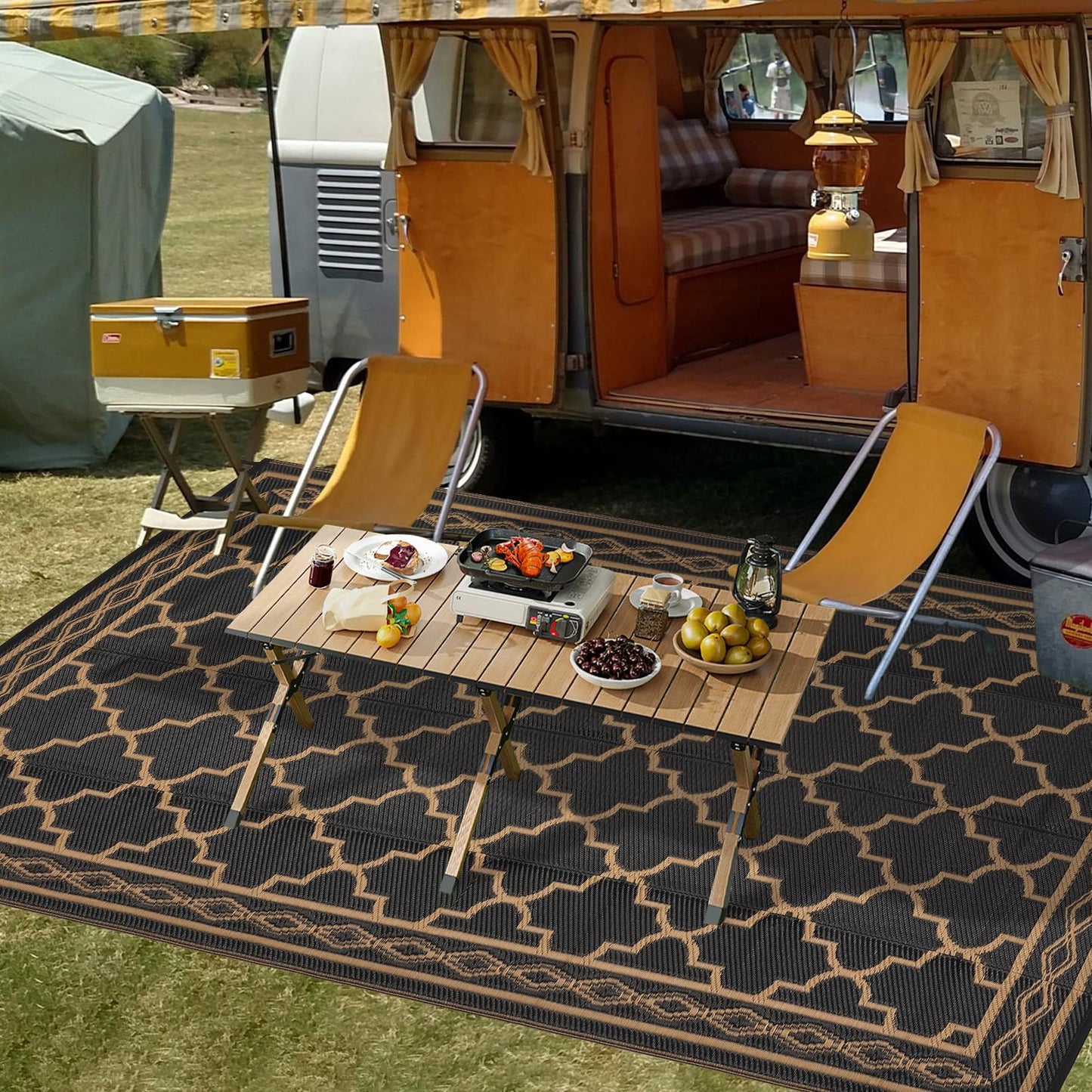 GlowSol Outdoor Rug Waterproof 8x10 ft Reversible Outdoor Plastic Straw Patio Rugs,Foldable Camping Rug with Carry Bag, RV Mat Outside Rugs for Patio,Picnic,Balcony,Deck,Backyard,Pool, Black/Brown