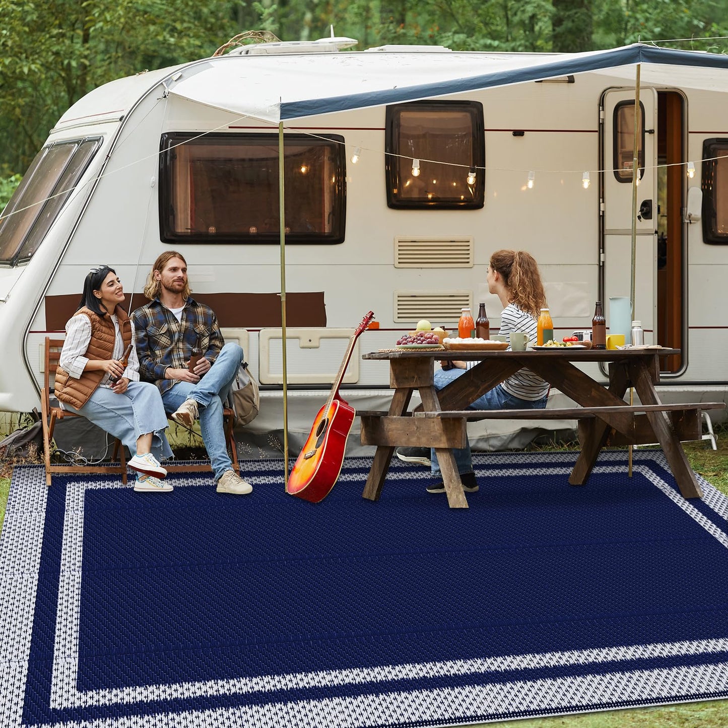 KMAT Outdoor Rug, Waterproof Reversible Patio Rugs, 5x8ft Large Outdoor Area Rug Foldable Plastic Camping Rugs for Outside RV, Patio,Picnic,Camper,Balcony,Porch (Blue &White)