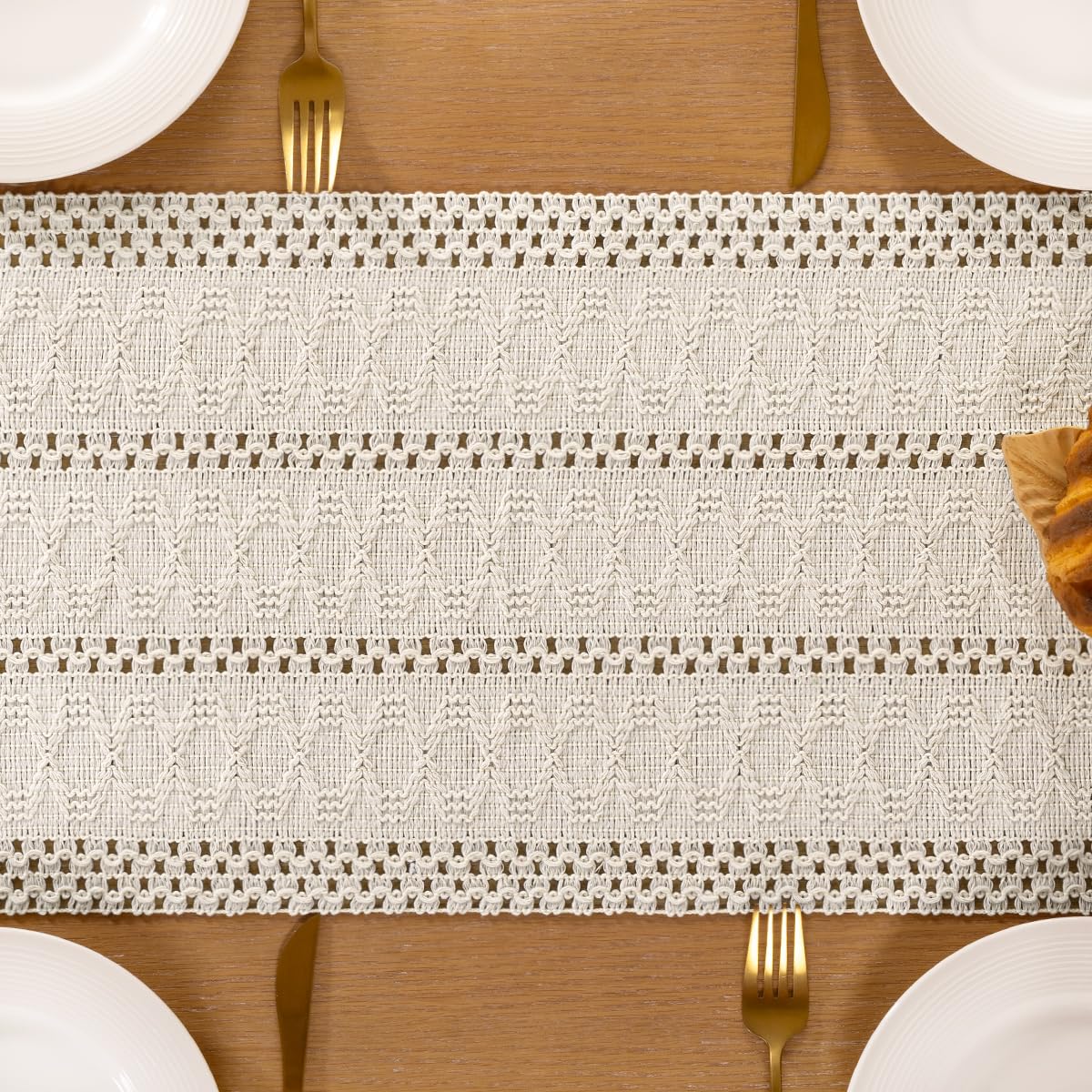 Socomi Boho Table Runner Summer Farmhouse Rustic Macrame Seasonal Long Woven Cotton Linen Small Coffee Dining Kitchen Table Runner for Dresser Scarf Holiday Home Decor 36in Beige