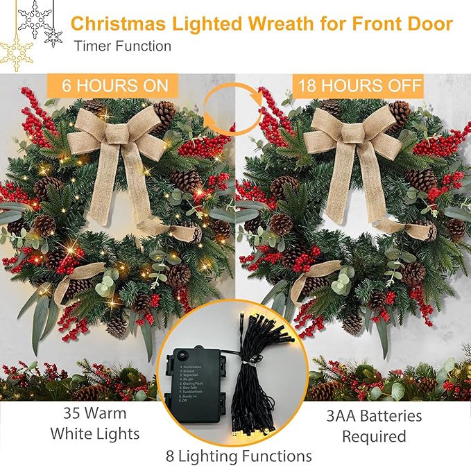 28’’ Pre-Lit Artificial Christmas Wreath, Battery Operated 35 LED Lights with Leaves, Red Berries, Natural Pine Cones, and a Linen Bow for Front Door, Xmas Wreath for Holiday Christmas Decorations