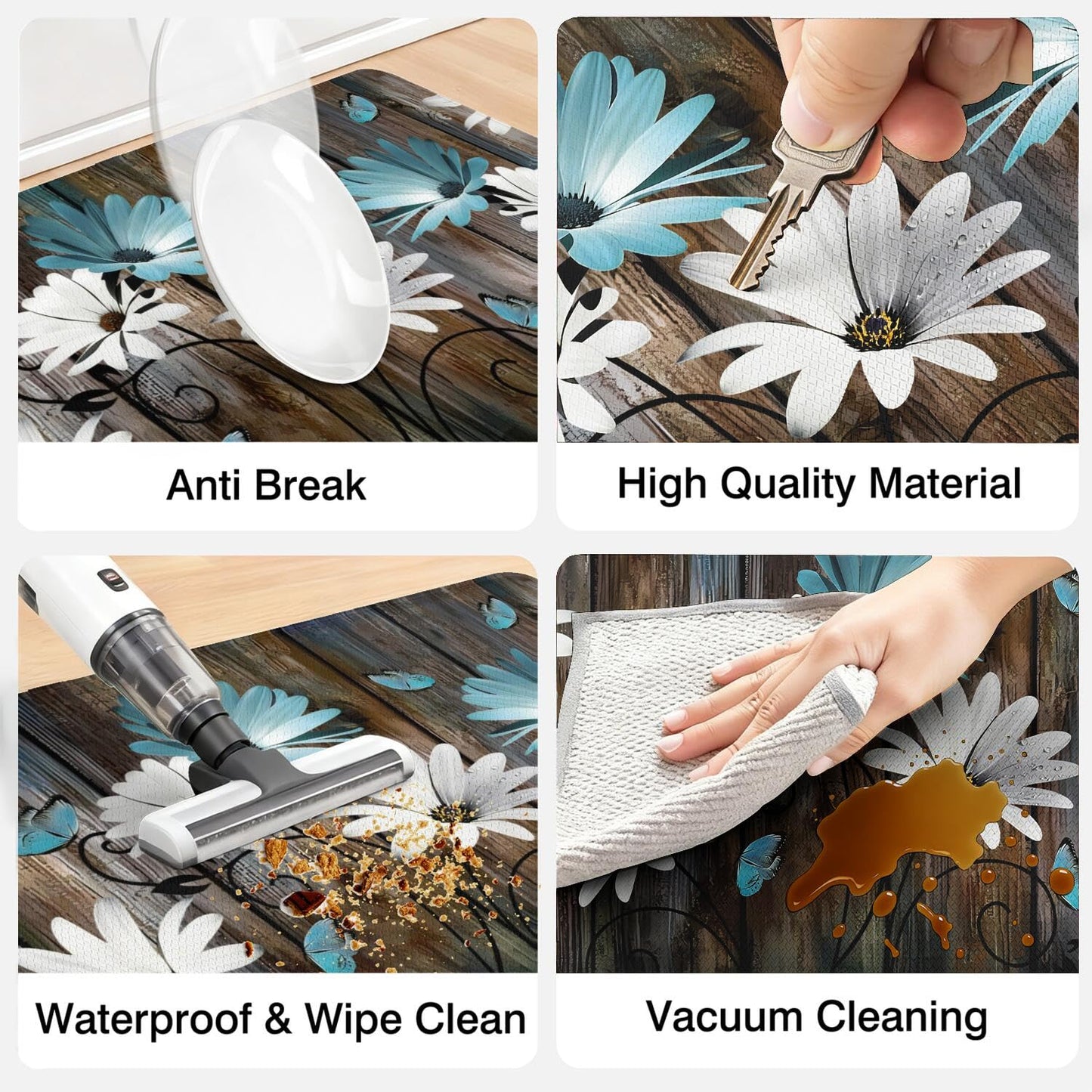 Anti Fatigue Farmhouse Kitchen Rugs Set of 2,Daisy Floral Kitchen Mats For Floor,Rustic Kitchen Decor, Anti-slip and Anti-Fatigue Foam Standing Mat,17x30 inch Sink Mat+17x47 inch Runner Rug Gray