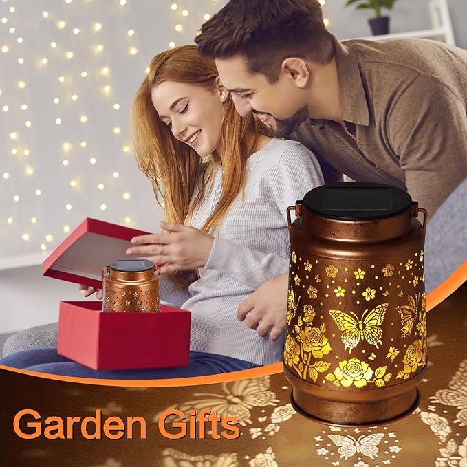 2 Pack Butterfly Solar Lanterns Outdoor Waterproof Rose Garden Decor Gifts for Women Mom Grandma Hanging Solar Lights Metal Lantern Decoration Outside for Yard,Patio,Backyard,Porch