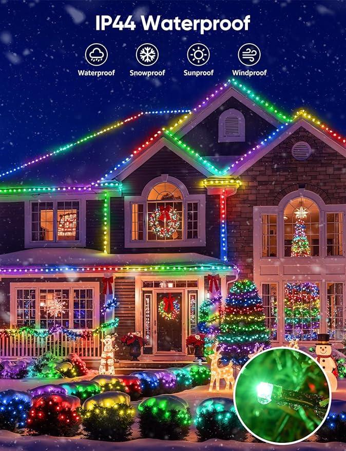 Ollny Smart Christmas Lights, 66FT 200 LEDs APP Control RGB Color Changing Christmas Tree Lights with Remote, Programmable DIY Musical Waterproof Green Wire Decor Light with Timer for Indoor Outdoor