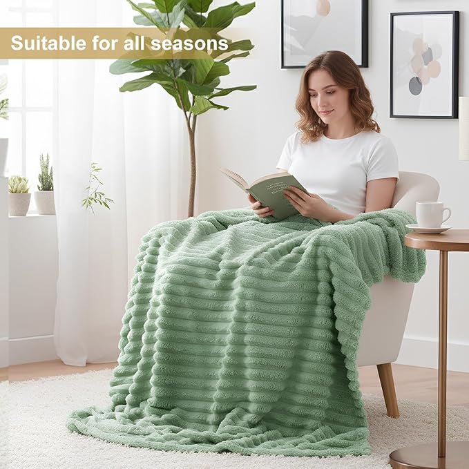 decorUhome Soft Fleece Sage Green Blanket Queen Size for Bed, Cozy Fluffy Plush Flannel Large Striped Throws for Couch Sofa, Lightweight Decorative Fuzzy Blanket for Woman, 90x90 Inches