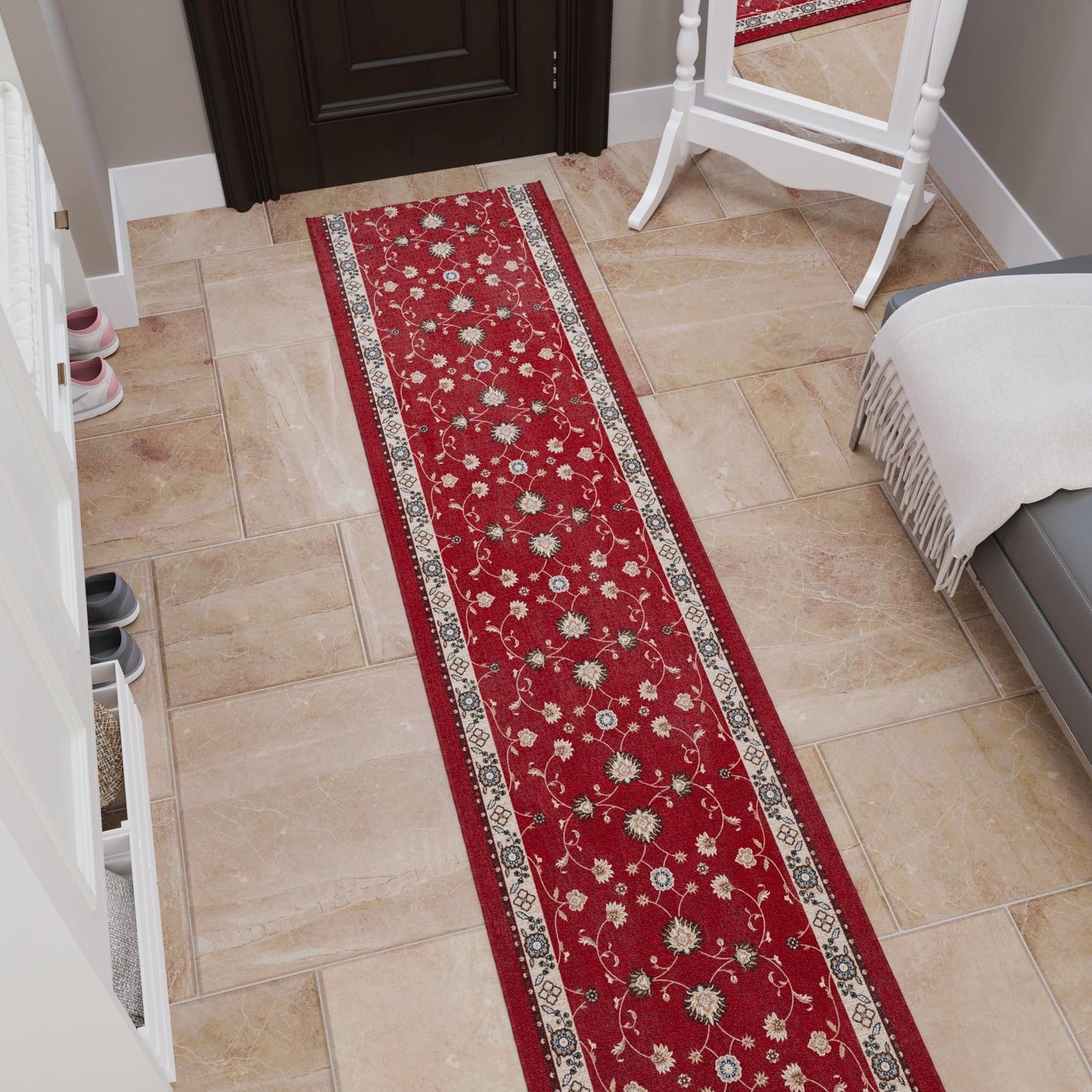Ottomanson Hallway Runner Rug 2'7" x 10' – Soft Non-Slip Rug, Low Pile Carpet for Entryway, Kitchen & Long Hallways in Apartments and Homes, Mahal Red