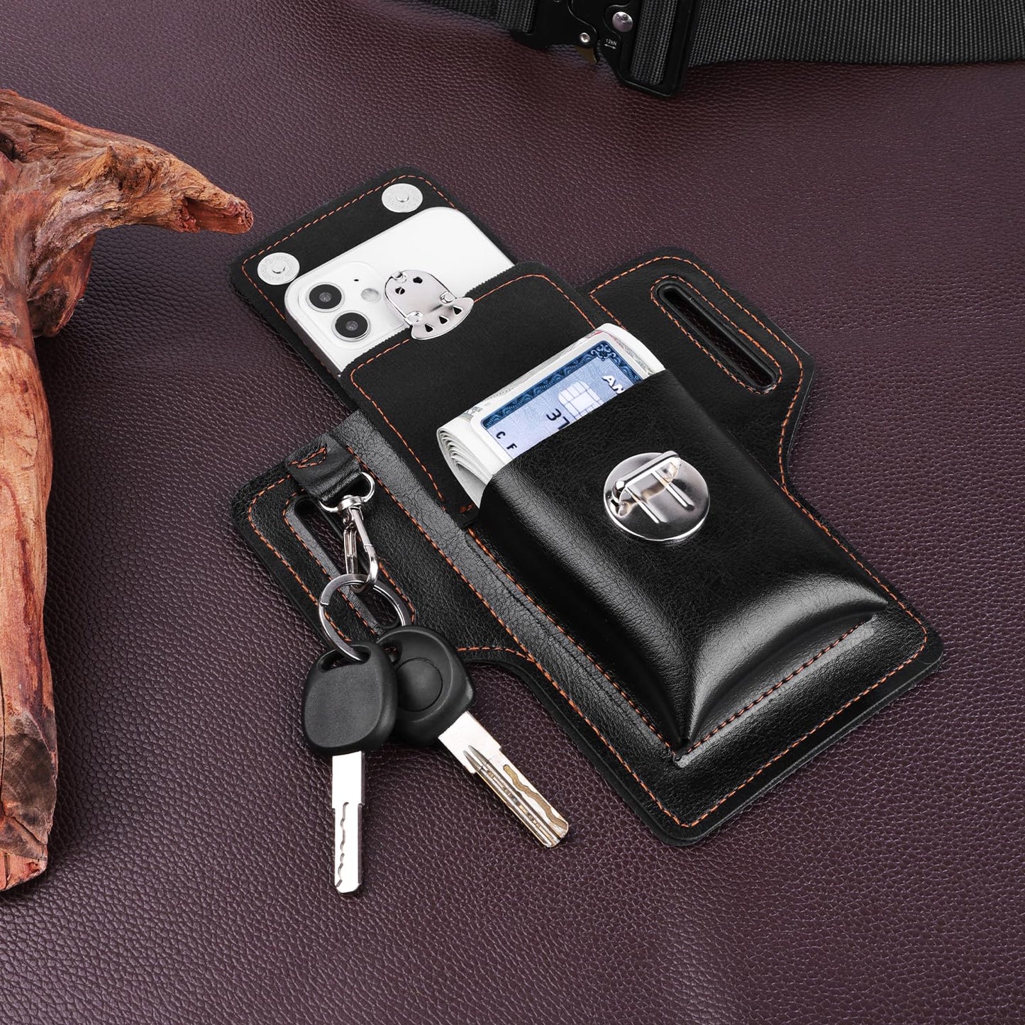 Leather Phone Holster for iPhone 17/16/15/14/13/12/their Pro & Pro Max, Belt Clip Cell Phone Case for Galaxy S25/S24/S23, Multitool Magnetic Closure Belt Pouch, Fits All Phones up to 7" (Ebony)