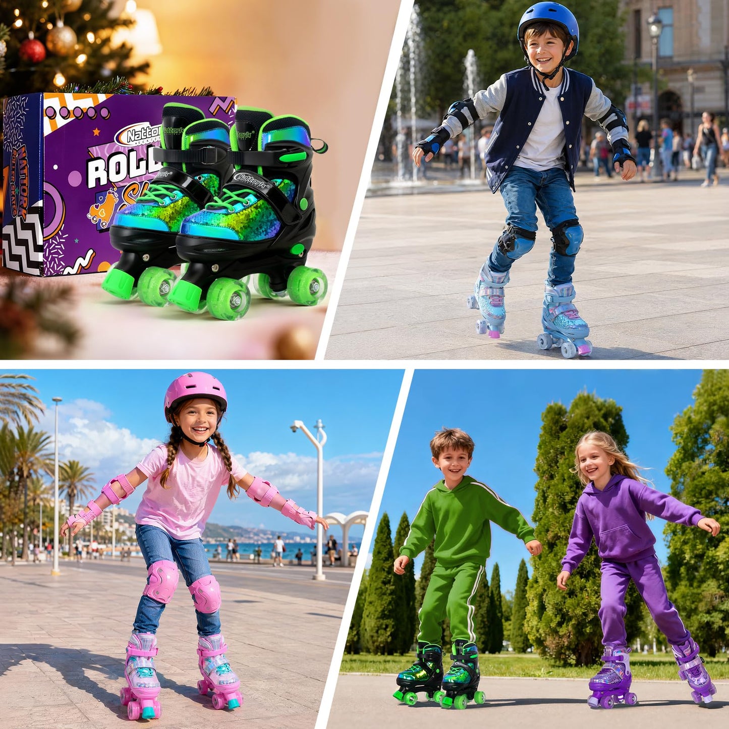 Nattork Kids Roller Skates for Girls Boys Kids 4 Size Adjustable Quad Skates with All Light up Wheels for Kids Beginners, Birthday Gift, Indoor Outdoor Sports patines para niñas