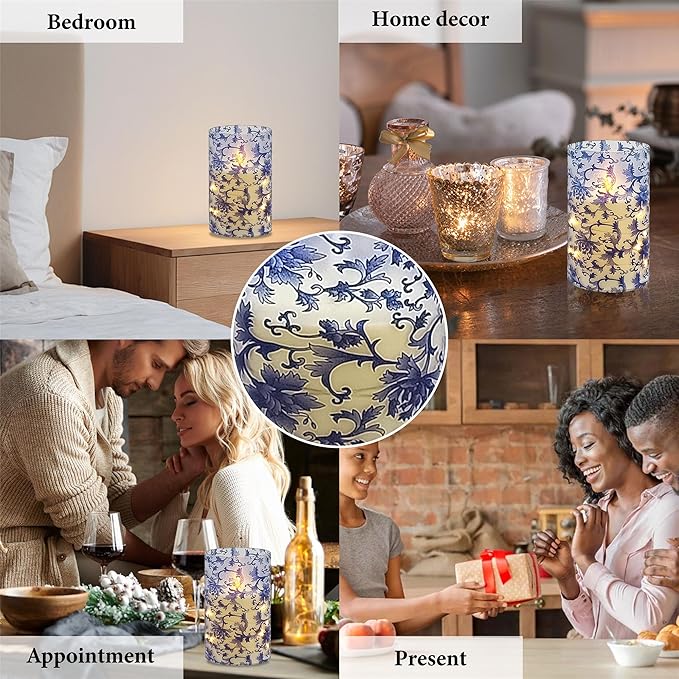 Printed Flameless Candles with String Lights - Set of 3 Blue and White Battery Operated Candle Flickering Floral LED Pillar Candles with Timer Remote for Home Decor Romantic Ambiance,BW