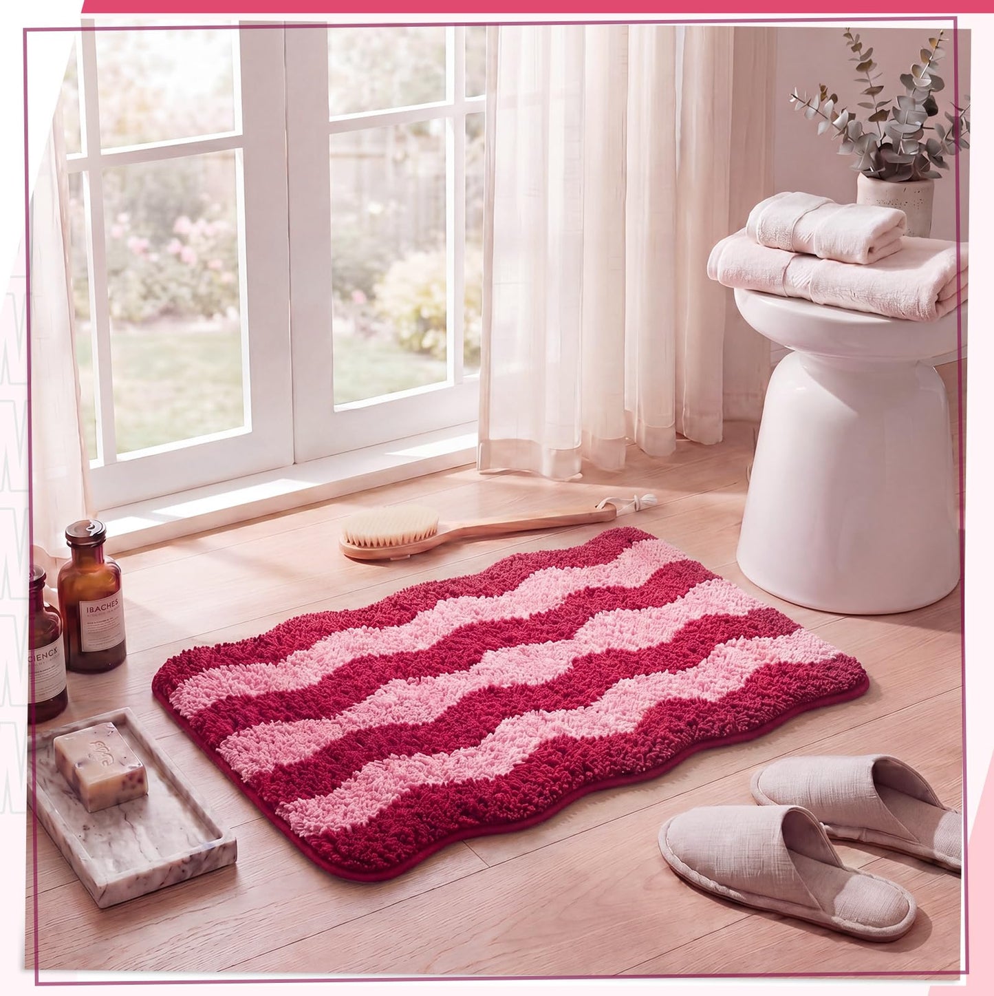 Nuanchu Cute Scalloped Bathroom Rug, Plush Tufted Absorbent Soft Wave Striped Bath Mat 24"x16", Non-Slip Washable Floor Carpet for Bathroom Bedroom Kitchen(Tomato & Pink)