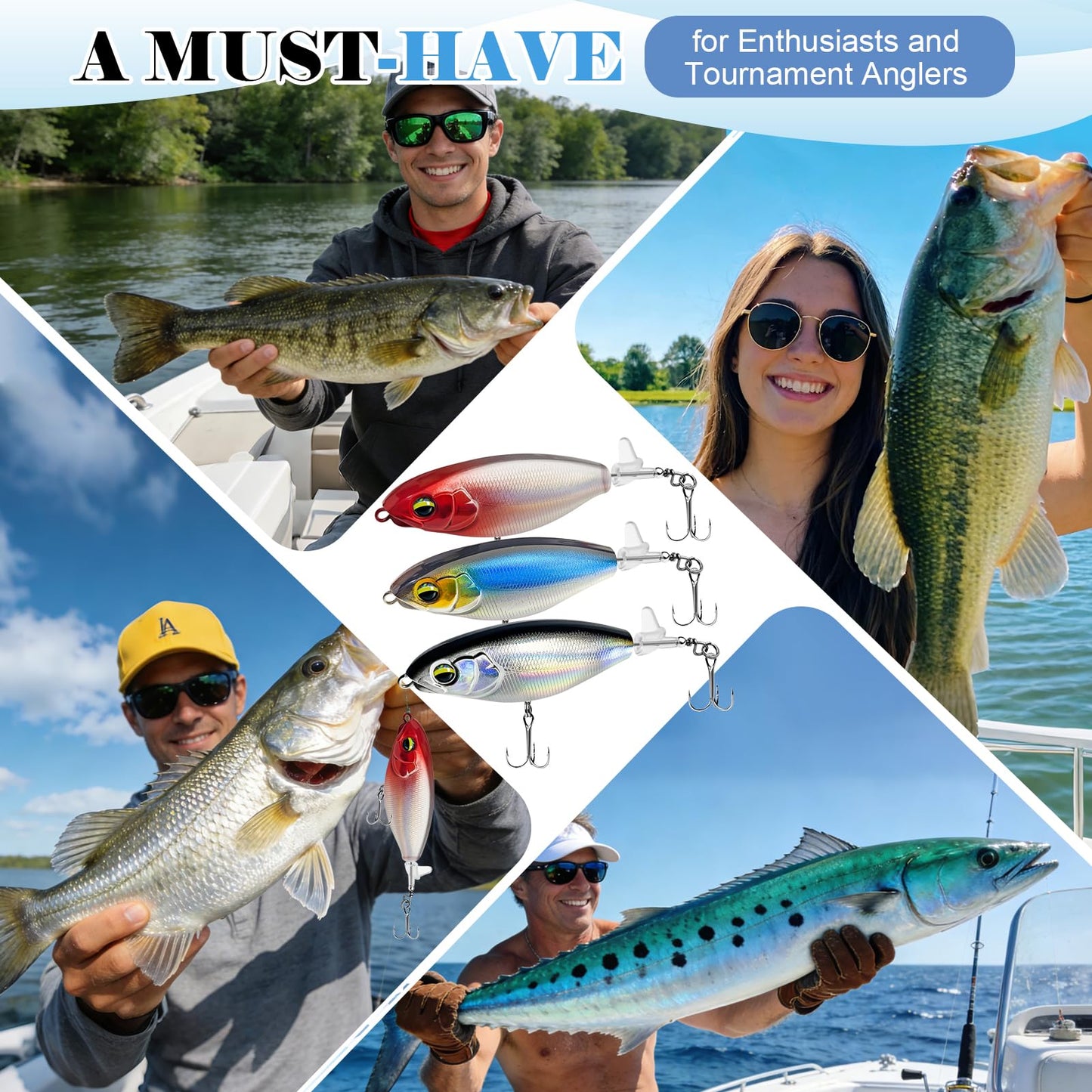 WWFIOO 3-Pack Propeller Tail Topwater Fishing Lures – Floating Popper Crankbait with 3D Eyes, UV Coating, Sound & Splash for Bass Trout Saltwater Freshwater Fishing (B)
