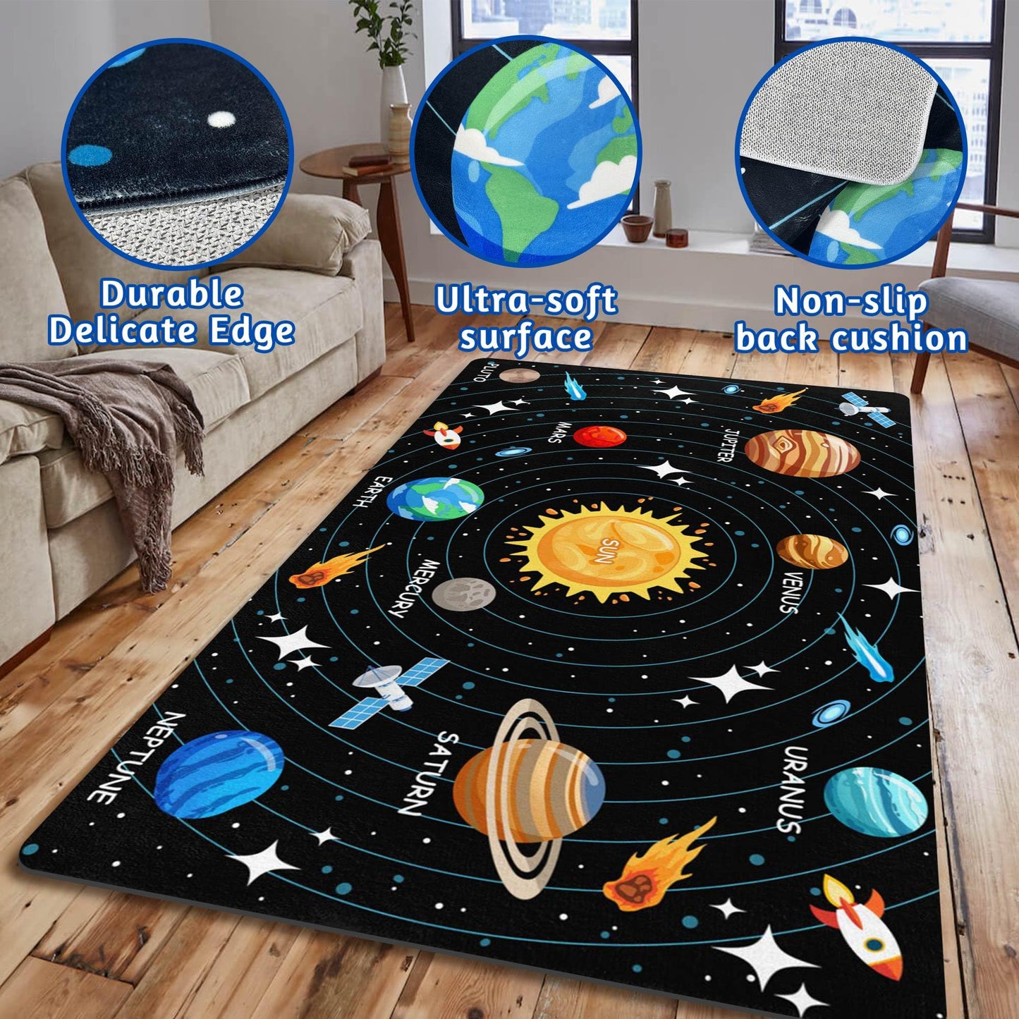 Kids Carpet Outer Space Rug, Solar System Mat 3x5 FT, Fun Game Boy Girl Kids Rug Carpet for Children Bedroom, Space Area Floor Mat for Living Room Nursery Room Toddler Classroom Decor