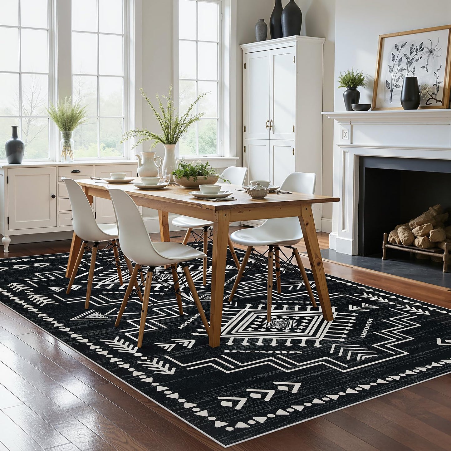 Joydeco Moroccan 5x7 Western Black and White Rugs for Living Room, Washable Soft Aztec Rug for Bedroom, Low Pile Distressed Modern Carpet for Dining Room Playroom Office Home Decor