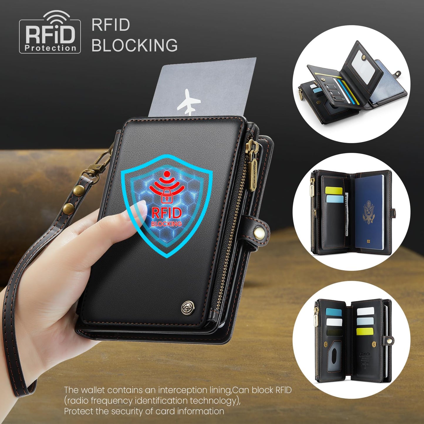 Passport Holder Wallet, 12 Card Slots RFID Blocking Travel Organizer, Zippered Coin Pocket & Detachable Wrist Strap Secure AMagnetic Closure Passport Case for Men & Women (Black)