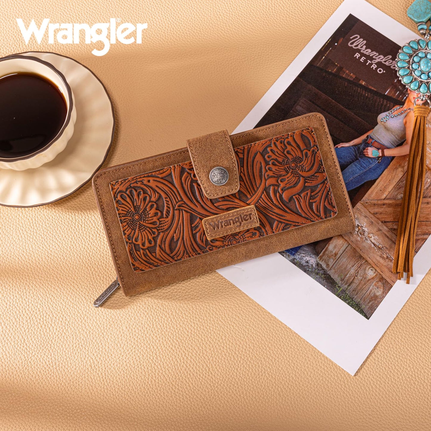 Montana West X Wrangler Brown Wallet for Women Tooling Flower Wallets, Card Cases & Money Organizers Large Capacity Bifold Clutch Wallet Ladies Female Western Phone Cash Wallets with ID Window