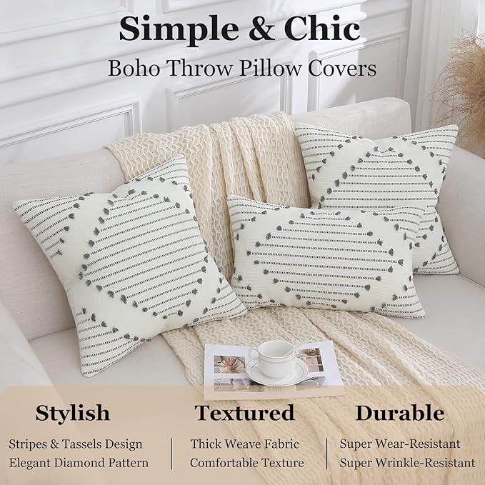 Mecatny Boho Outdoor Throw Pillow Covers 18X18 Set of 2, Farmhouse Decorative Pillow Covers for Couch Sofa Living Room, Grey & Cream White