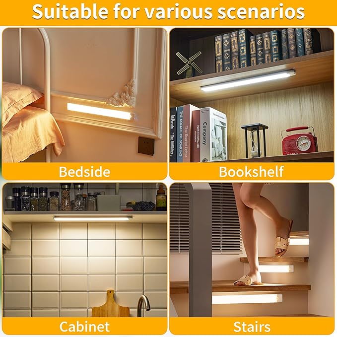 Wireless Under Cabinet Lighting 12 Inch 3 Pack, Magnetic Motion Sensor Light Indoor USB C Rechargeable Closet Lights, 3 Color Dimmable LED Night Light Stick on Under Counter Lights for Kitchen Stairs