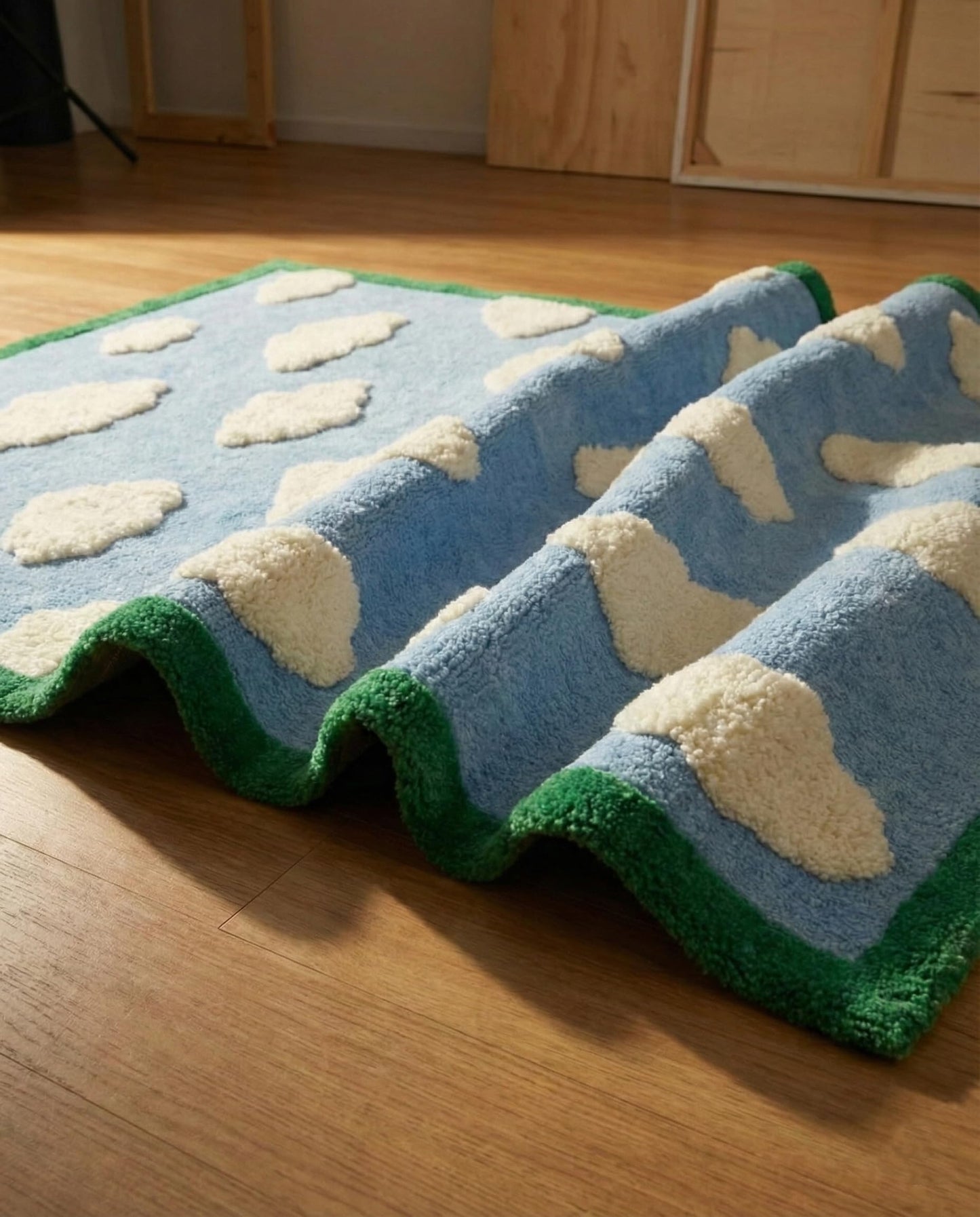 RUGORIA Hand-Tufted Cloud Pattern Wool Area Rug, 6' x 8' Sky Blue & Ivory Raised Cut-Pile Design with Green Border, Soft Plush & Durable Carpet for Kids Room, Living Room & Playroom