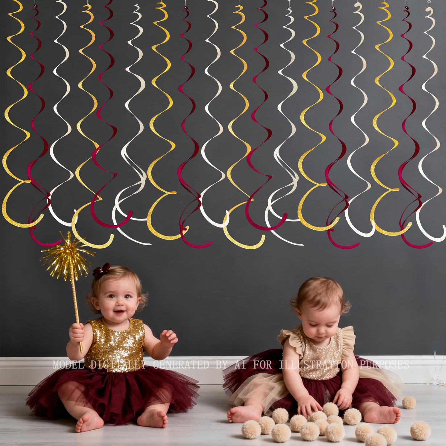 36 Pcs Maroon Gold Hanging Swirl Decorations Glitter Gold Burgundy Beige Felt Swirl Streamer Spiral Ceiling Garland for Birthday Graduation Wedding Baby Shower Retirement Anniversary Garnet Party