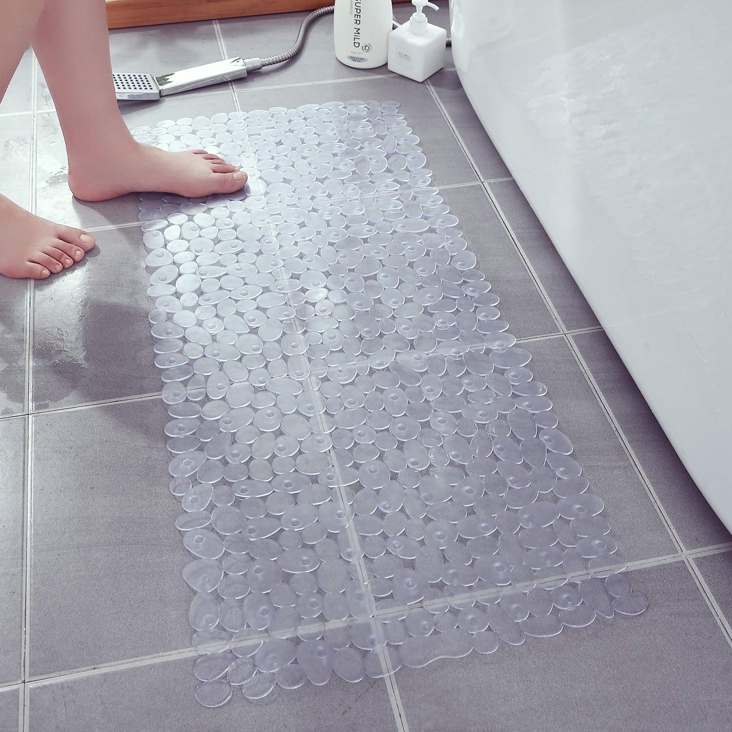 TEESHLY Bath Tub and Shower Mats, Non-Slip Pebble 35 x 16 Inches Machine Washable Bathtub Mat with Drain Holes, Suction Cups for Bathroom (Clear)