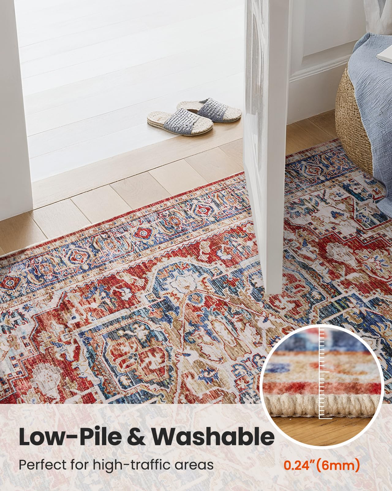AMADA HOMEFURNISHING 8x10 Washable Area Rug, Low-Profile Large Area Rug with Non-Slip Backing & Durable Edge Binding, Vintage Large Rugs for Living Room, Bedroom, Dinning Room