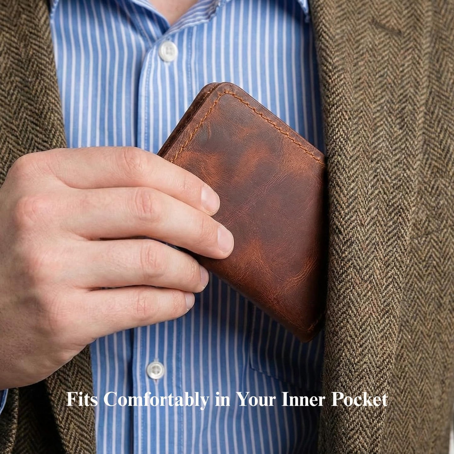 ZEMARS Slim Wallet for Men, Crazy Leather Minimalist Bifold Wallet, Scratch-Resistant Front Pocket Card Holder with Cash Slot, Compact Small Wallet (Tan)