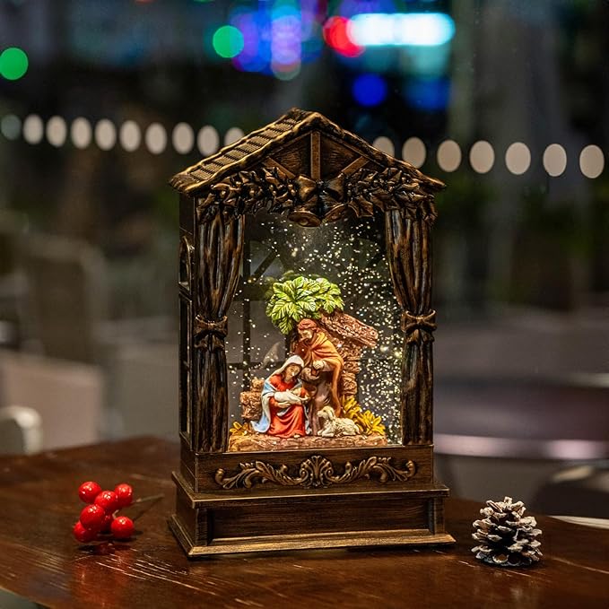 Christmas Snow Globe Swirling Glittering Holy Family Manger Scene, USB Lined/Battery Operated Lighted Water Lantern for Christmas Festival Decoration Gifts