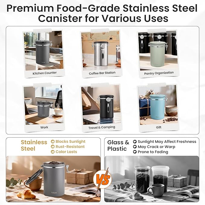 Veken Coffee Canister, Airtight Stainless Steel Kitchen Food Storage Container Holder for Beans, Ground, Tea, Flour, Cereal, Sugar, Espresso, Bar Accessories, Lids, Jars, Sealed Tin, Scoop,16OZ, Gray