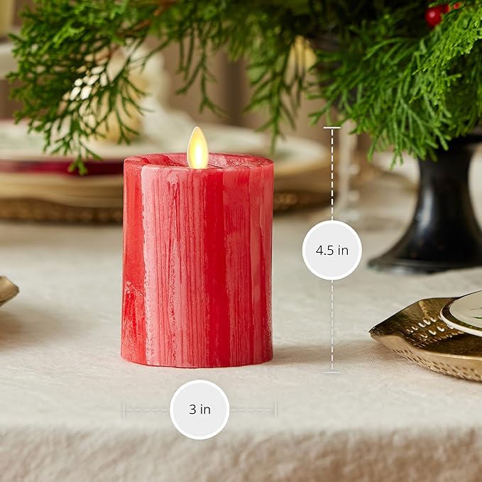 Luminara Selenite Looking Flameless Candle, Holiday Red 3" x 4.5", Battery Operated Real Wax Moving Flame LED Pillar w/Timer, Home Decor Unscented