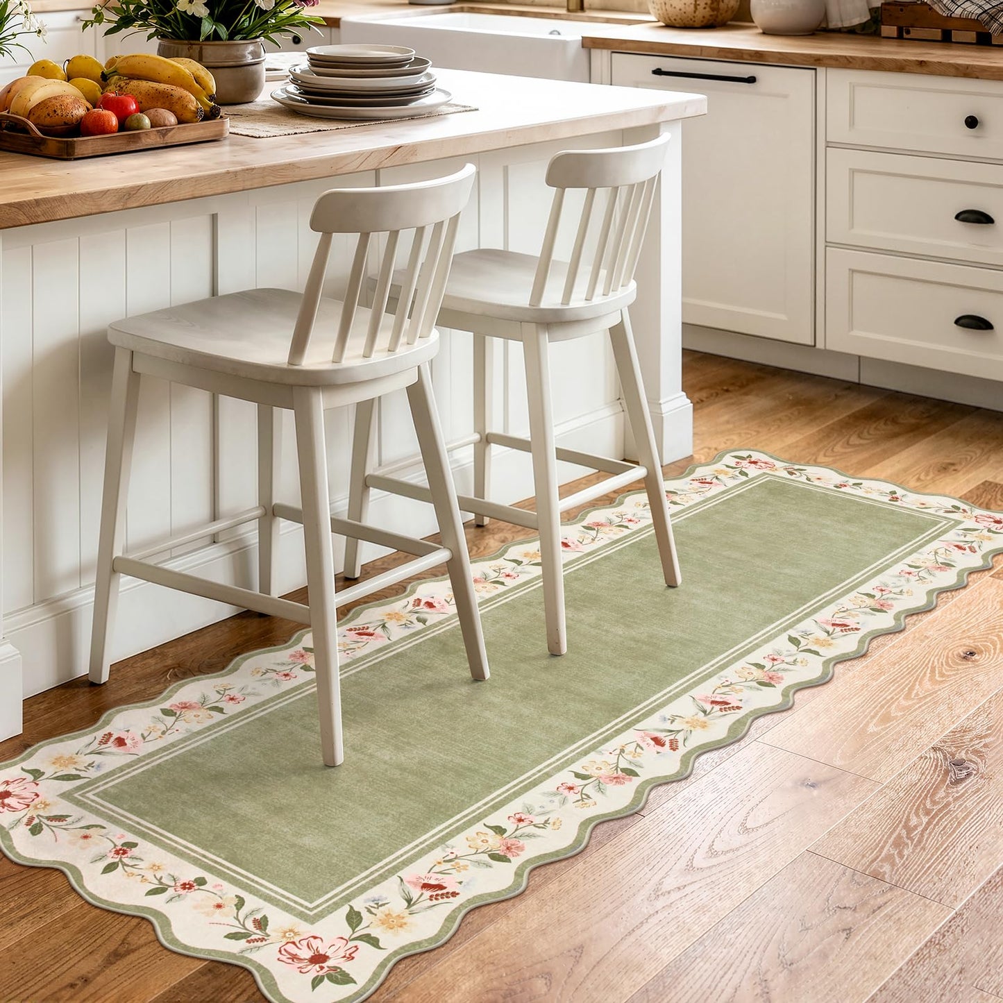 Lahome Floral 2'x 6' Washable Kitchen Runner Rug, Green Rug Runners for Hallways Non Slip, Scalloped Runner Rug Ultra-Thin Stain Resistant Boho Carpet for Entryway Bathroom Bedroom Ariele(Green,2x6ft)