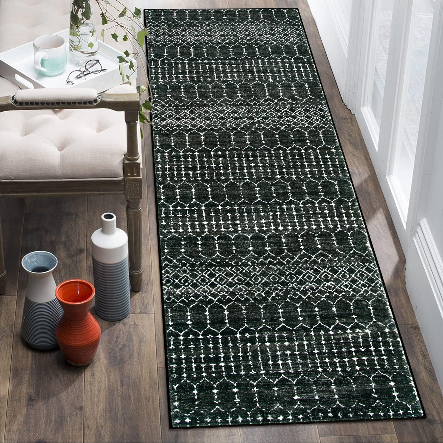 Lahome Moroccan 2x6 Black Runner Rug Non-Slip, Kitchen Rug Runner Washable Non-Skid Hallway, Geometric Print Distressed Carpet for Entryway Laundry Hana