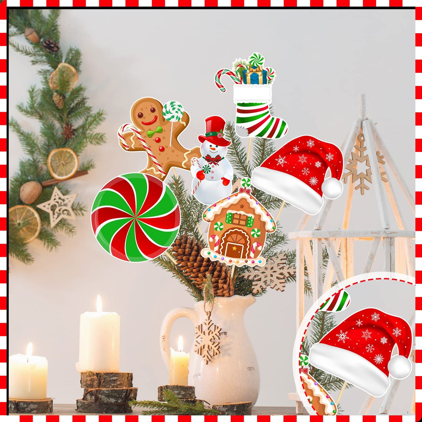 24 Pieces Christmas Picks Snowman Santa Hat Lollipop Gingerbread Christmas Stocking Farm House Cutout on Sticks Vase Filler Crafts Tree Ornament Wreath Holiday Decorations for Christmas Party
