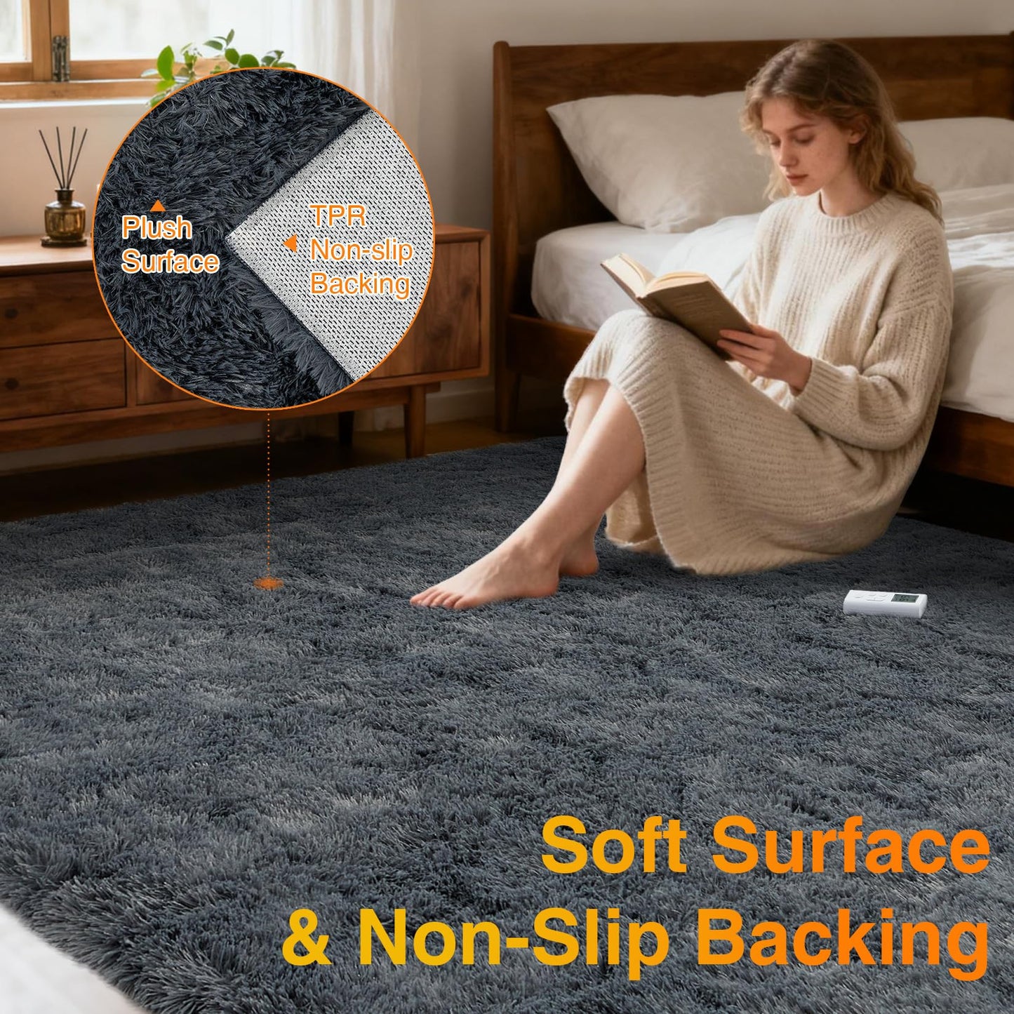 GarveeHome Wireless Heated Floor Mat 8x10 ft, Heated Rug Gaming Rug with 6 Heat Levels & 10H Auto Off, Soft Plush Heating Carpet Foot Warmer for Living Room Bedroom Office Playroom, Grey