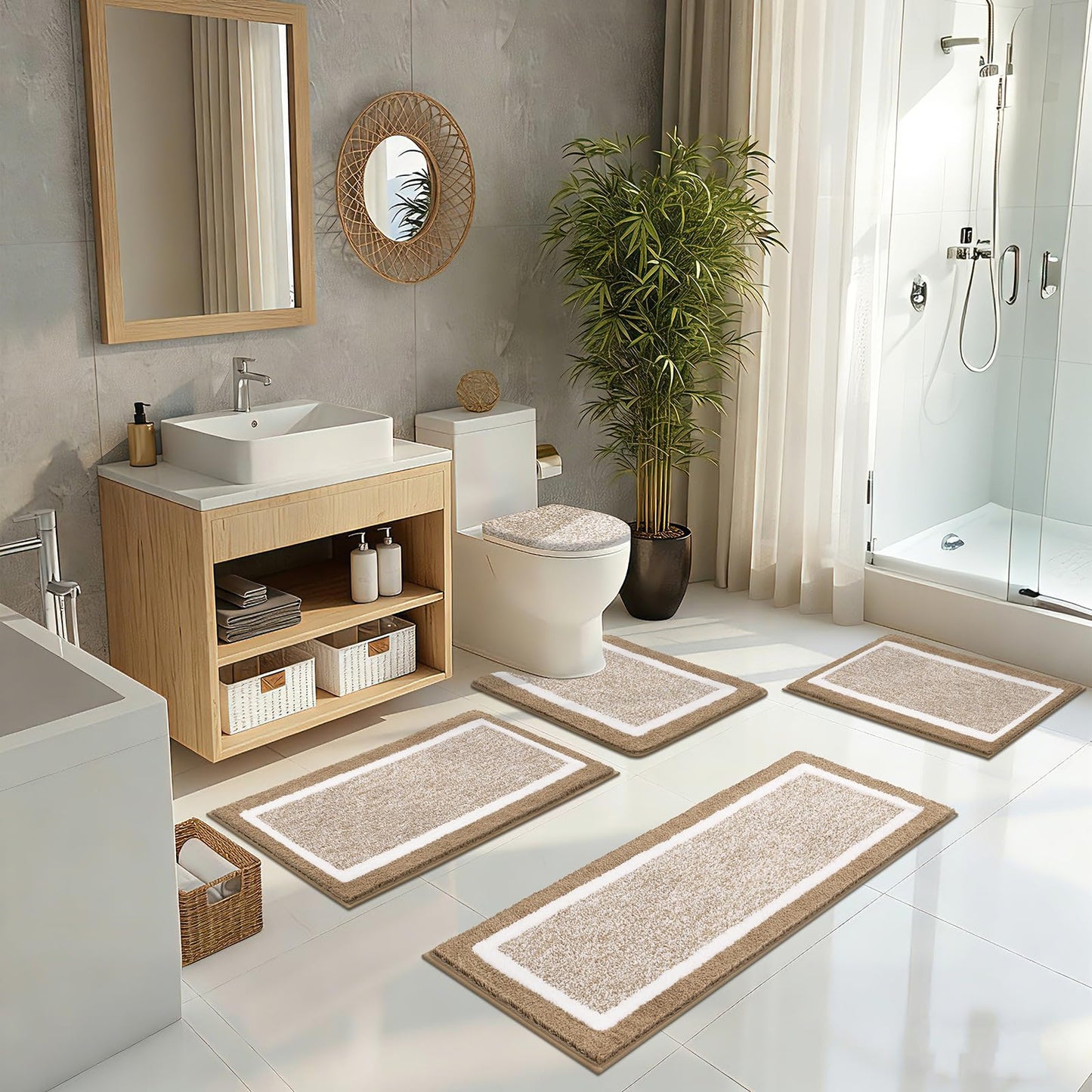 Pauwer Bathroom Rugs Sets 5 Piece Soft Absorbent Microfiber Bath Mat Set Non Slip Machine Washable Rug Plush Shaggy Bath Mats for Bathroom Decor Floor Toilet Tub and Shower, Khaki