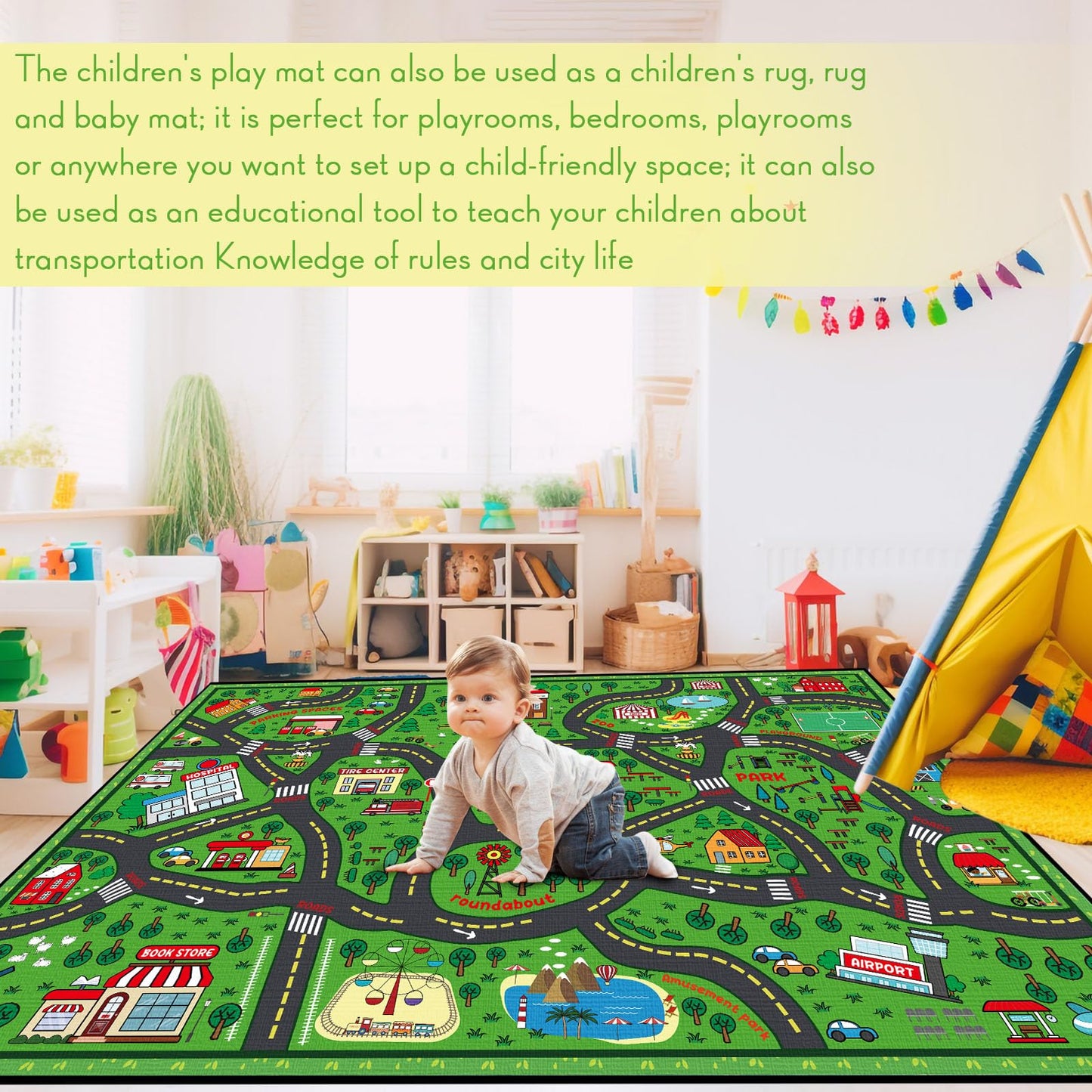 Tinideya Kids Playmat Rug 4x6 ft, Non-Slip Rubber Backing Traffic Road Playmat, Cars Play Mat for Toddler Children Playroom Classroom Bedroom(Green, Traffic Road)