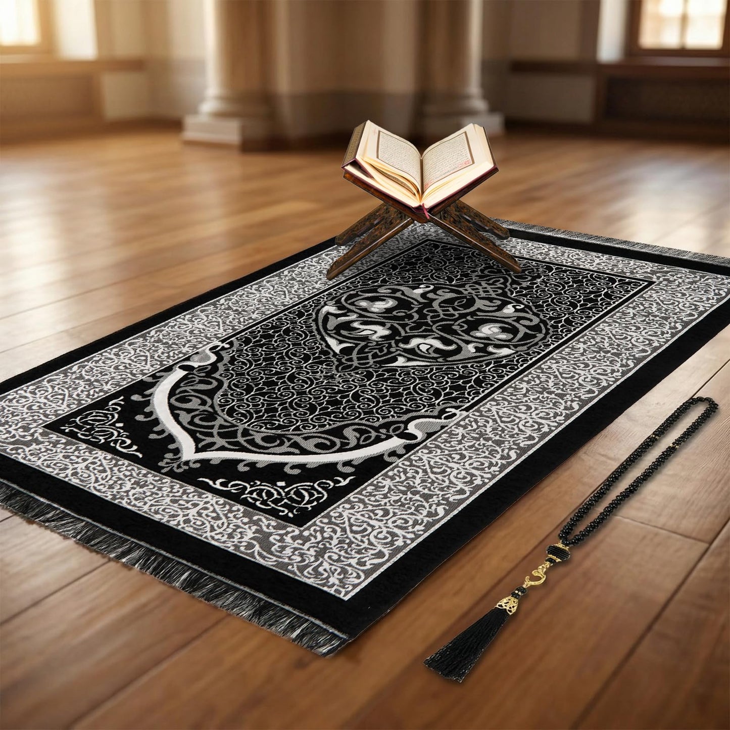 Bafeil Muslim Prayer Mat Set with Kufi Hat & Tasbih 99 Beads, Portable Islamic Prayer Rug Travel Foldable Sajjadah, Breathable Taqiyah Cap, Ramadan Eid Islamic Gifts for Men Women