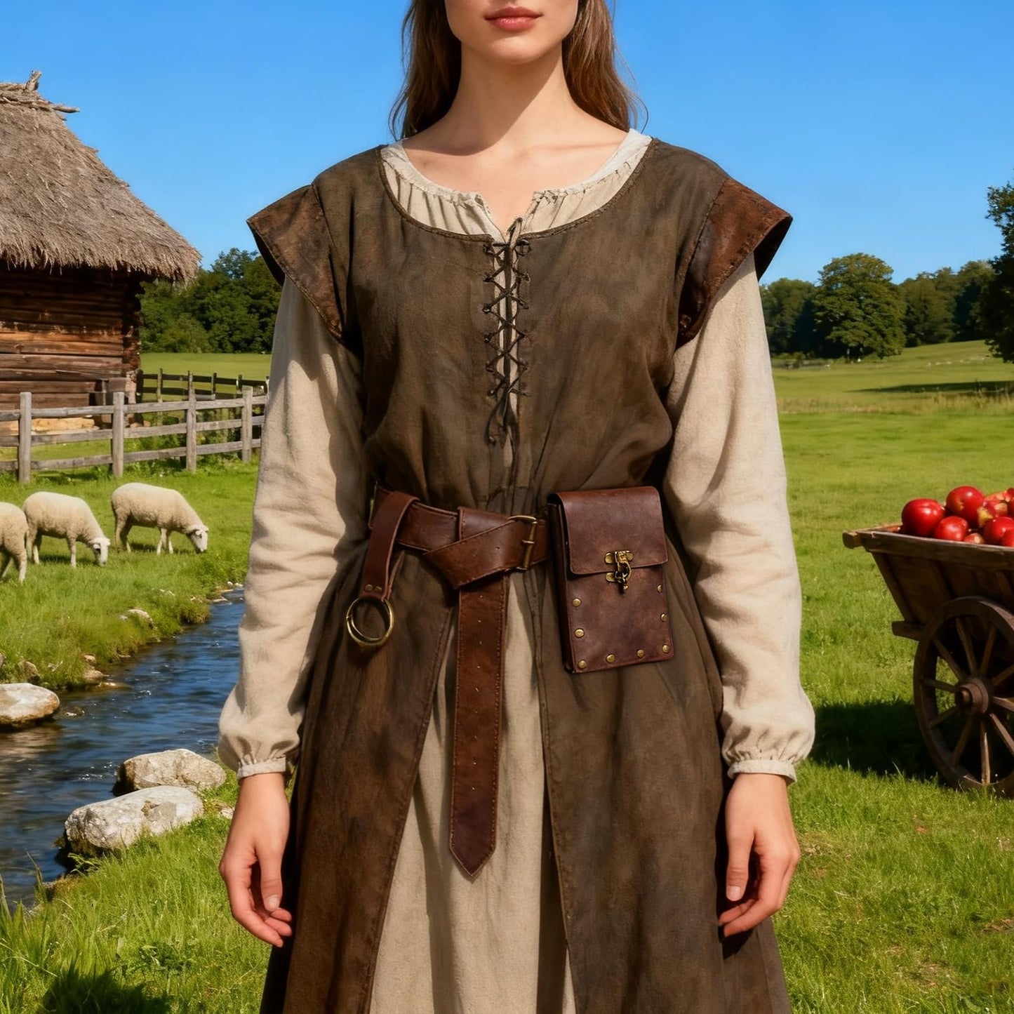 WooHand Renaissance Belt Bag Waist Bag Punk Medieval Leather Belt Bag Skirt Set, LARP Role-Playing Clothing Easter Retro Accessories (Brown)