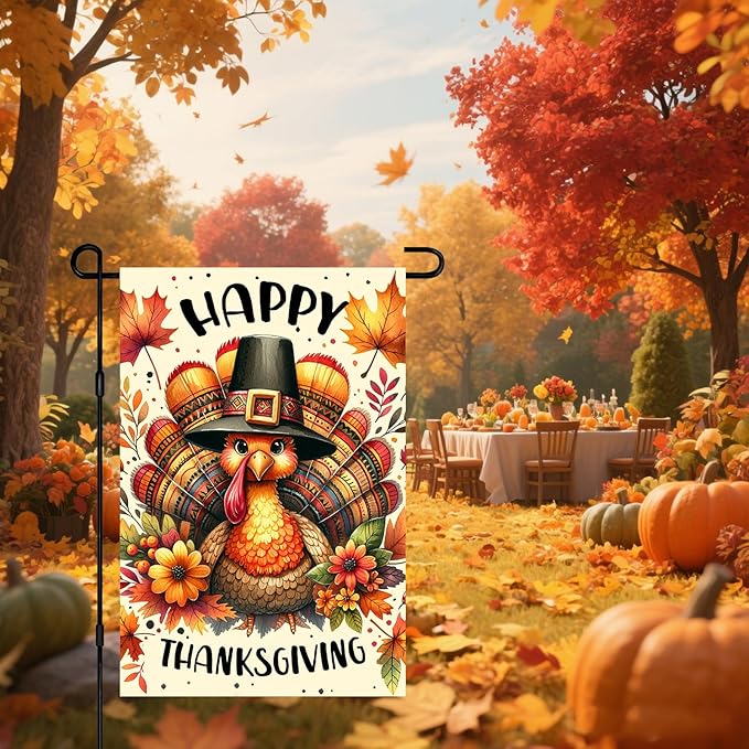 Thanksgiving Garden Flag 12x18 Inch Double Sided Turkey Flags Happy Fall Pumpkin Leaves Acorn Small Yard Flag Autumn Harvest Decoration for Outdoor Porch Lawn Holiday Seasonal Display