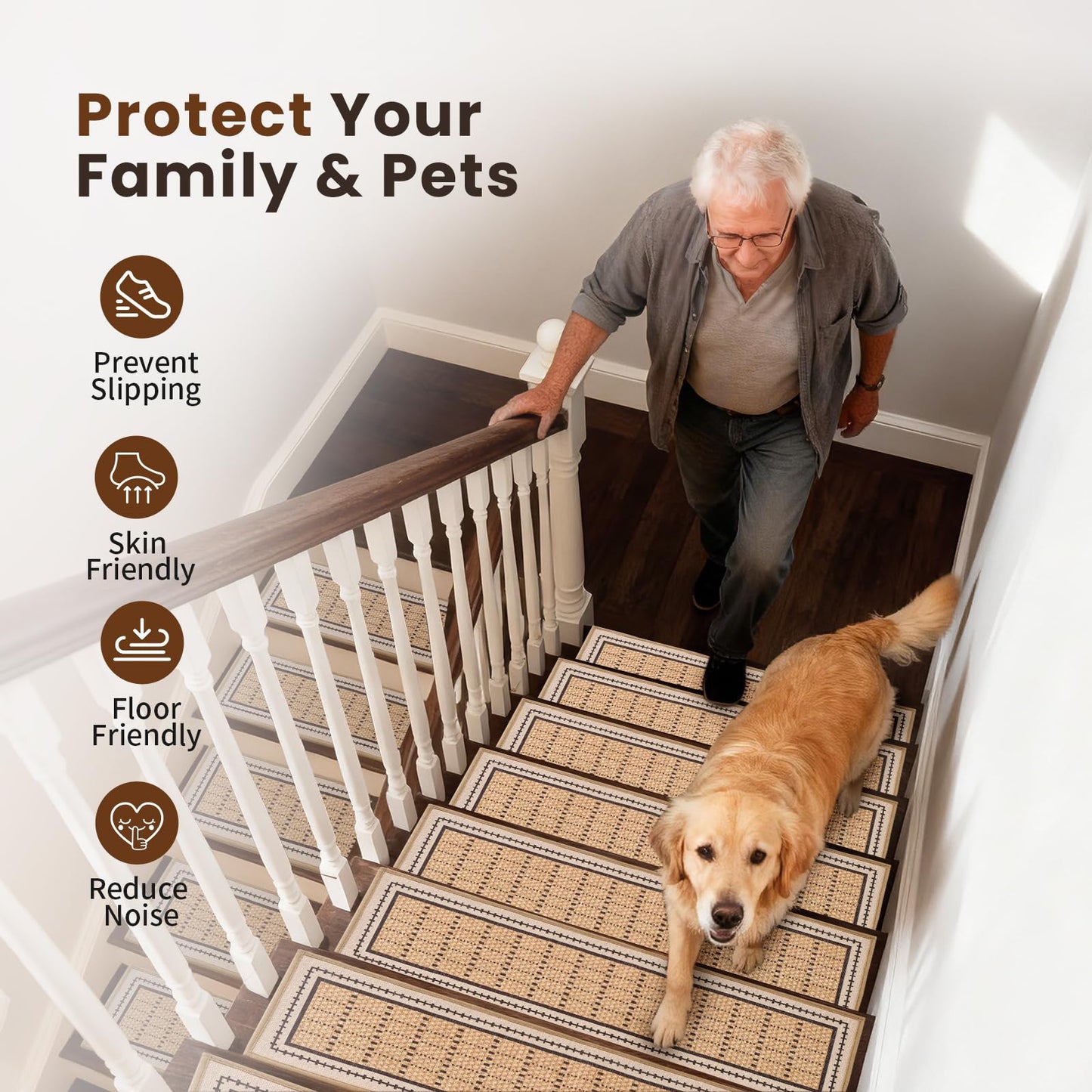 Mollydot Stair Treads Non Slip 15PCS - 8"x30" Indoor Stair Runners for Wooden Steps, Soft Carpet Stair Treads, Edging Stair Rugs, Peel and Stick Stair Treads Washable Reusable Self-Adhesive (Beige)