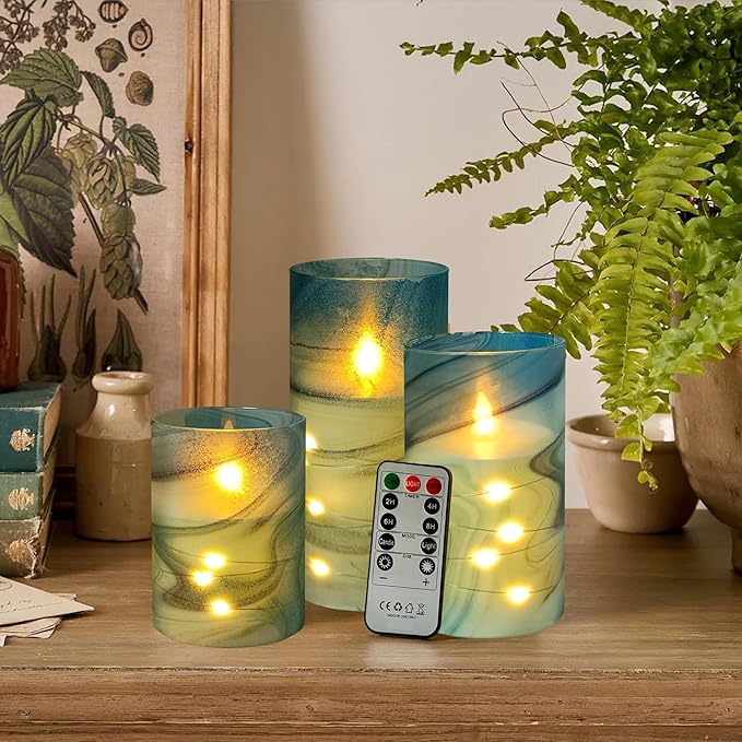 Flickering Flameless Candles Blue Water Ripple Print, Embedded Star String Lights, Battery Operated Acrylic LED Pillar Candles with 11-Key Remote and Timer for Home Decoration, 3 Pack