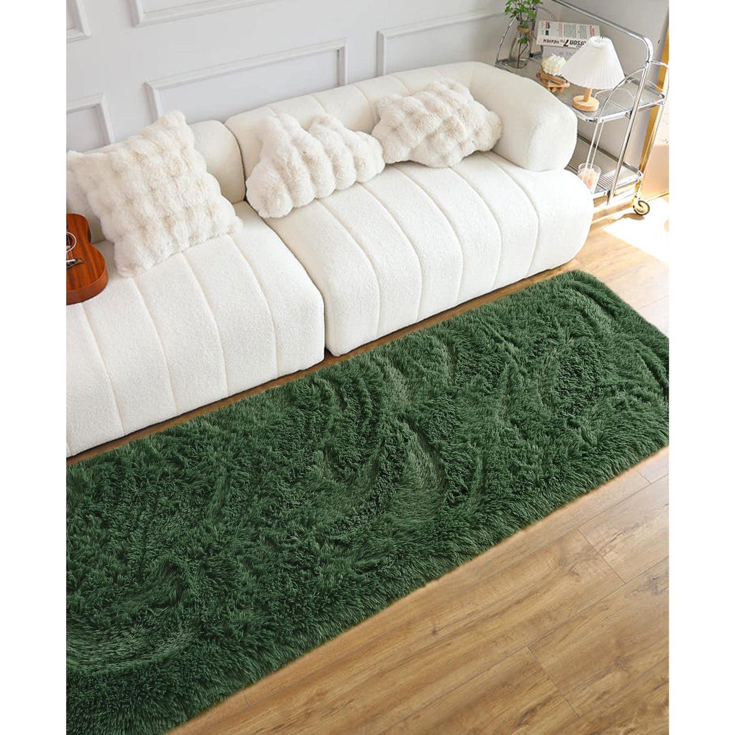 DweIke Fluffy Dark Green Runner Rugs for Bedroom, 2x6 Feet Soft Plush Long Runners for Girls Boys Kids, Non-Slip and Machine Washable Bedside Rug, Small Throw Carpet for Hallway Rooms Decor
