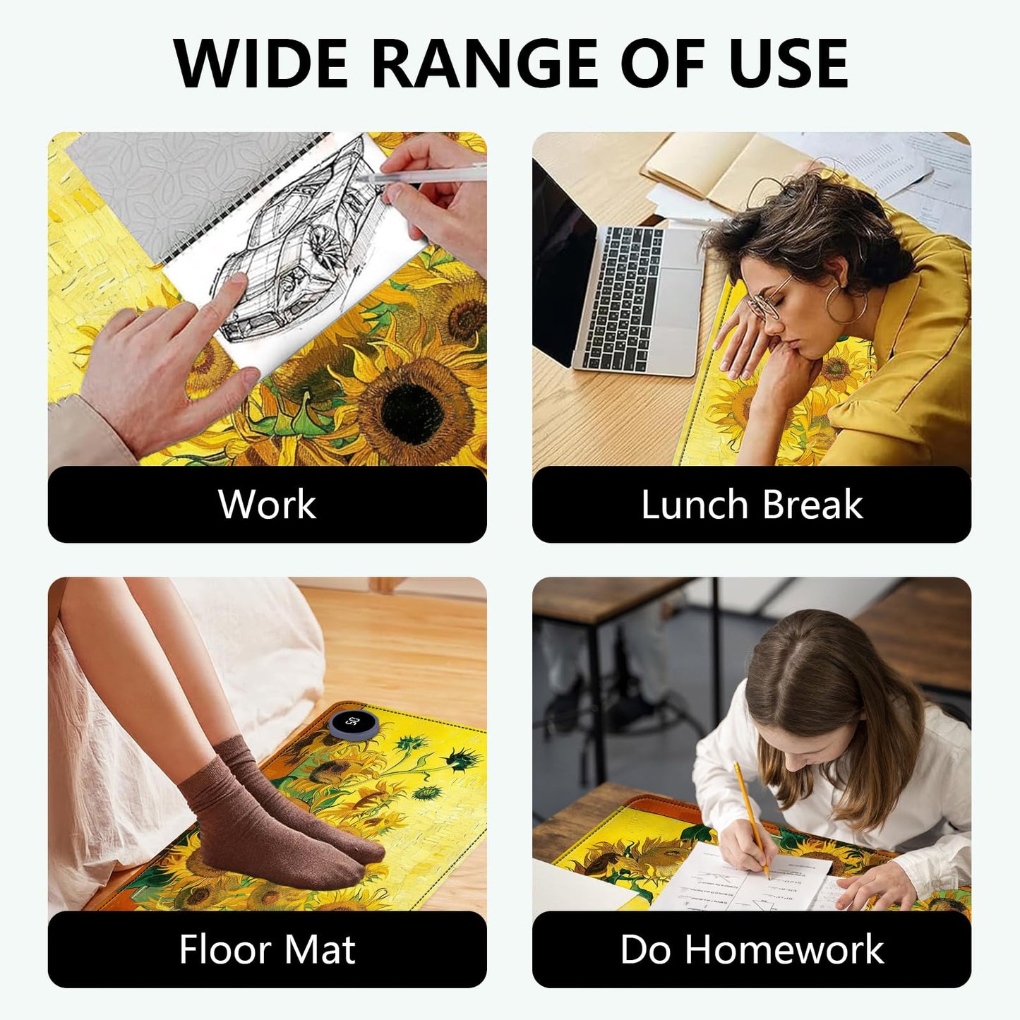 Heated Mouse Pad with 3 Levels Heated & 3 Hours Auto Shut-Off Mouse Pad for Warming Hands in Office Home, 31.5" x 13"Large Safe Desk Mat Hand Warmer,Sunflowers
