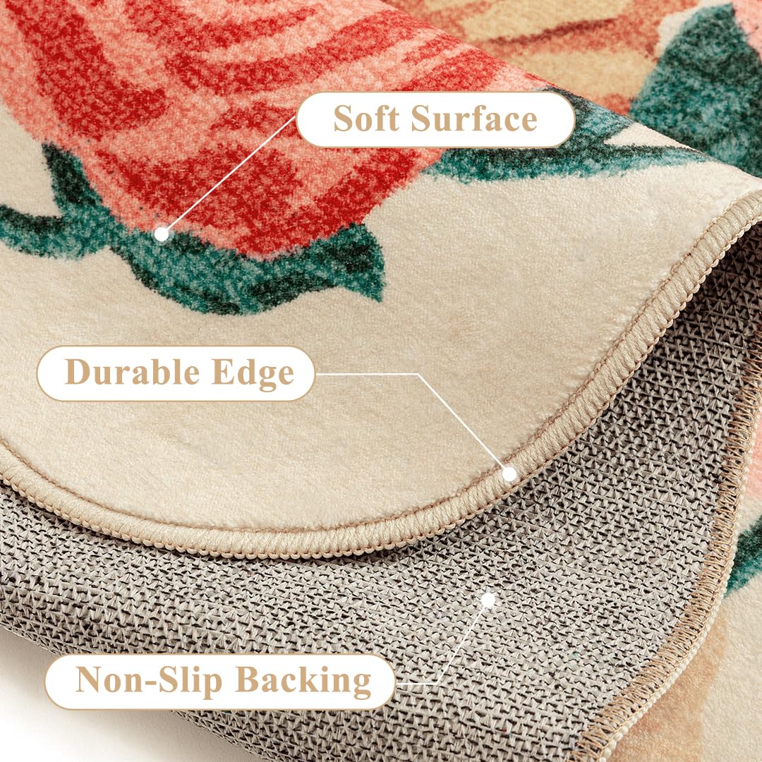 PureCozy Washable Floral Area Rug 2x3 Beige Small Entryway Carpet Scalloped Flower Non Slip Soft Entrance Door Mat Farmhouse Low Pile Indoor Thin Floor Cover for Bathroom Kitchen Bedroom Laundry Room