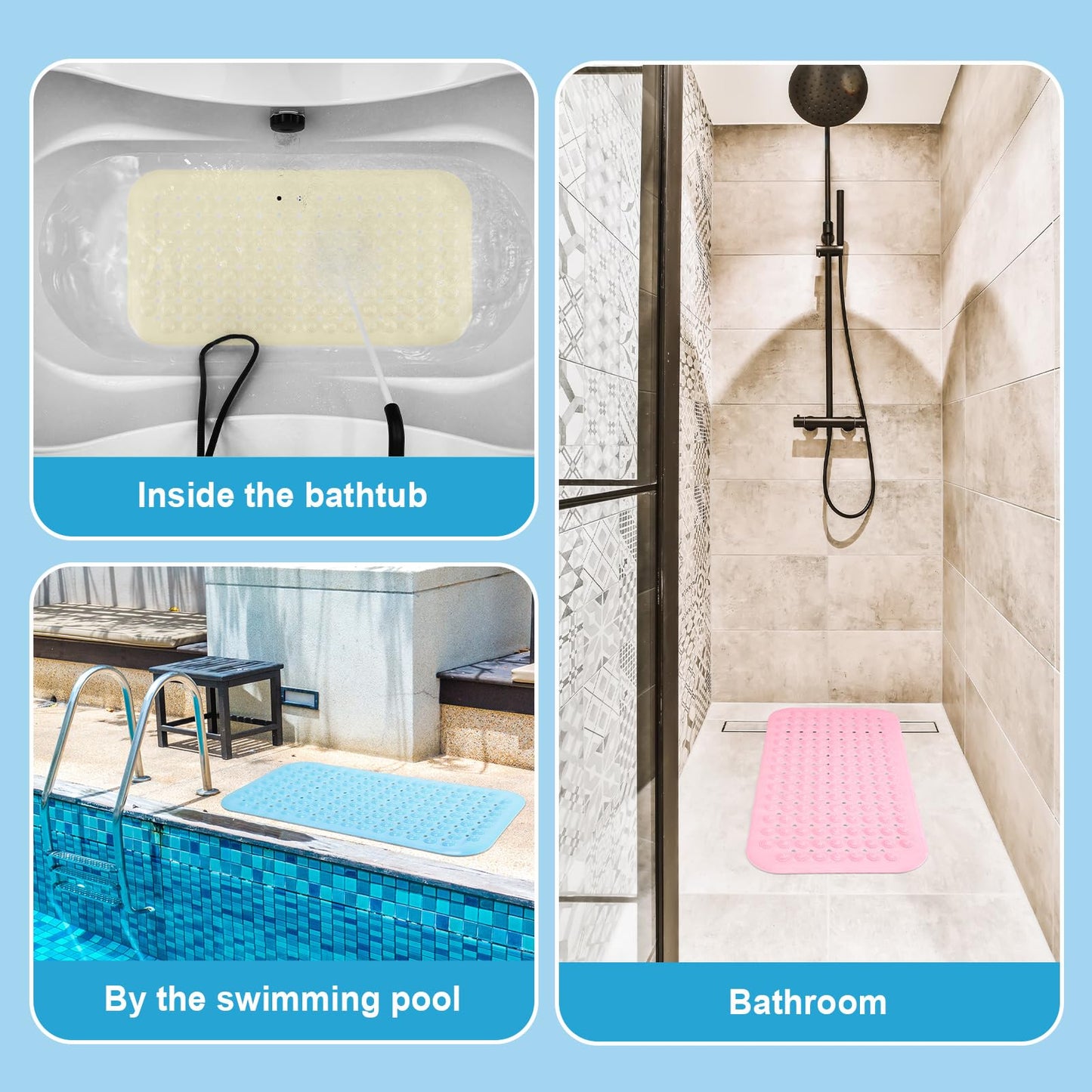 Dunzy 12 Pcs Non Slip Bath Mats 27.6x14.2 Inches TPE Bathtub Mats with Suction Cups Drain Holes Textured Surface Anti Slip Shower Pad for Bathroom Tub Adults Elderly Home Hotel