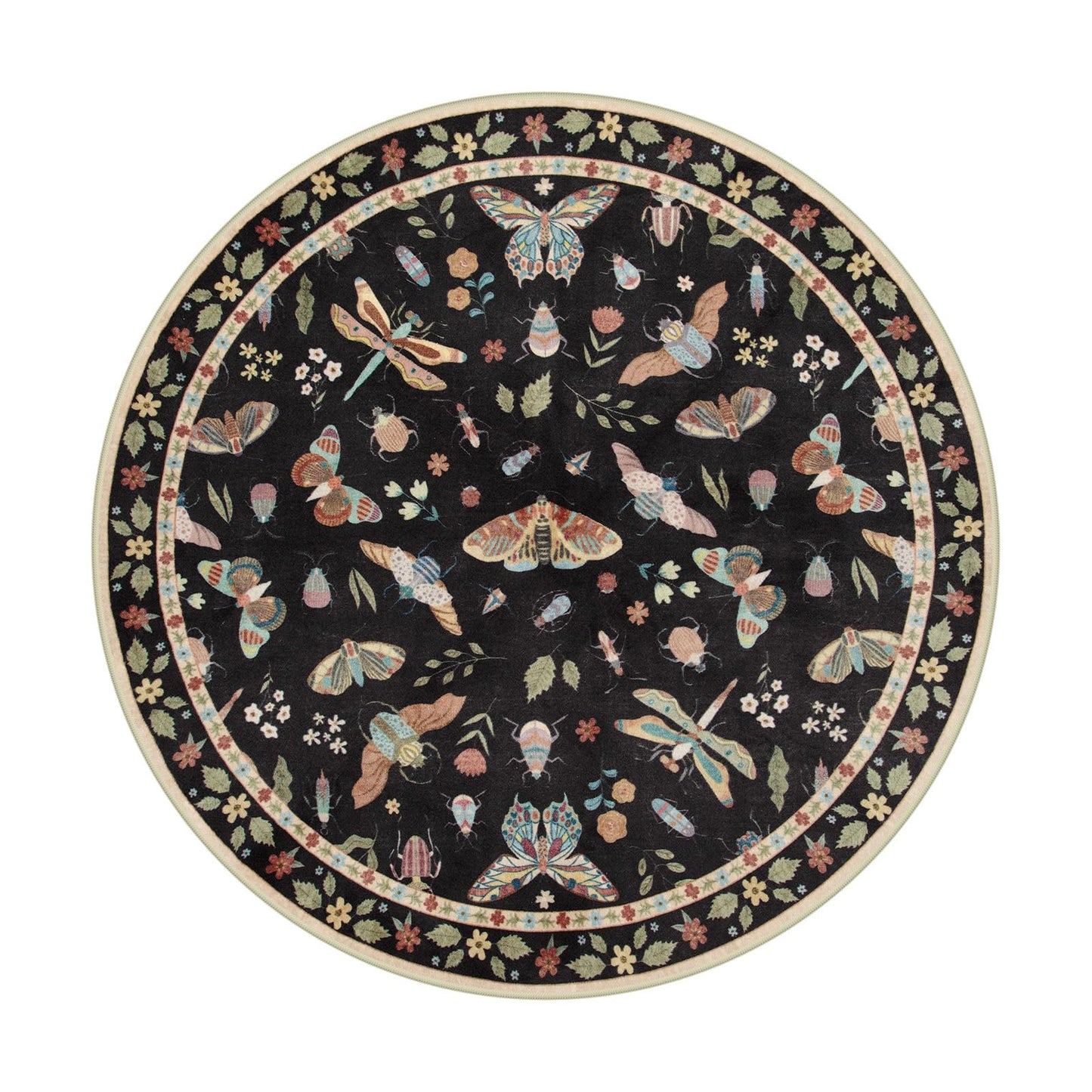 Lahome Insect Washable Round Rugs, Non-Slip Soft Round Rug 4ft Ultra-Thin, Small Boho Circle Carpet for Entryway Kitchen Bedroom Nursery Bathroom Vionnet, Black