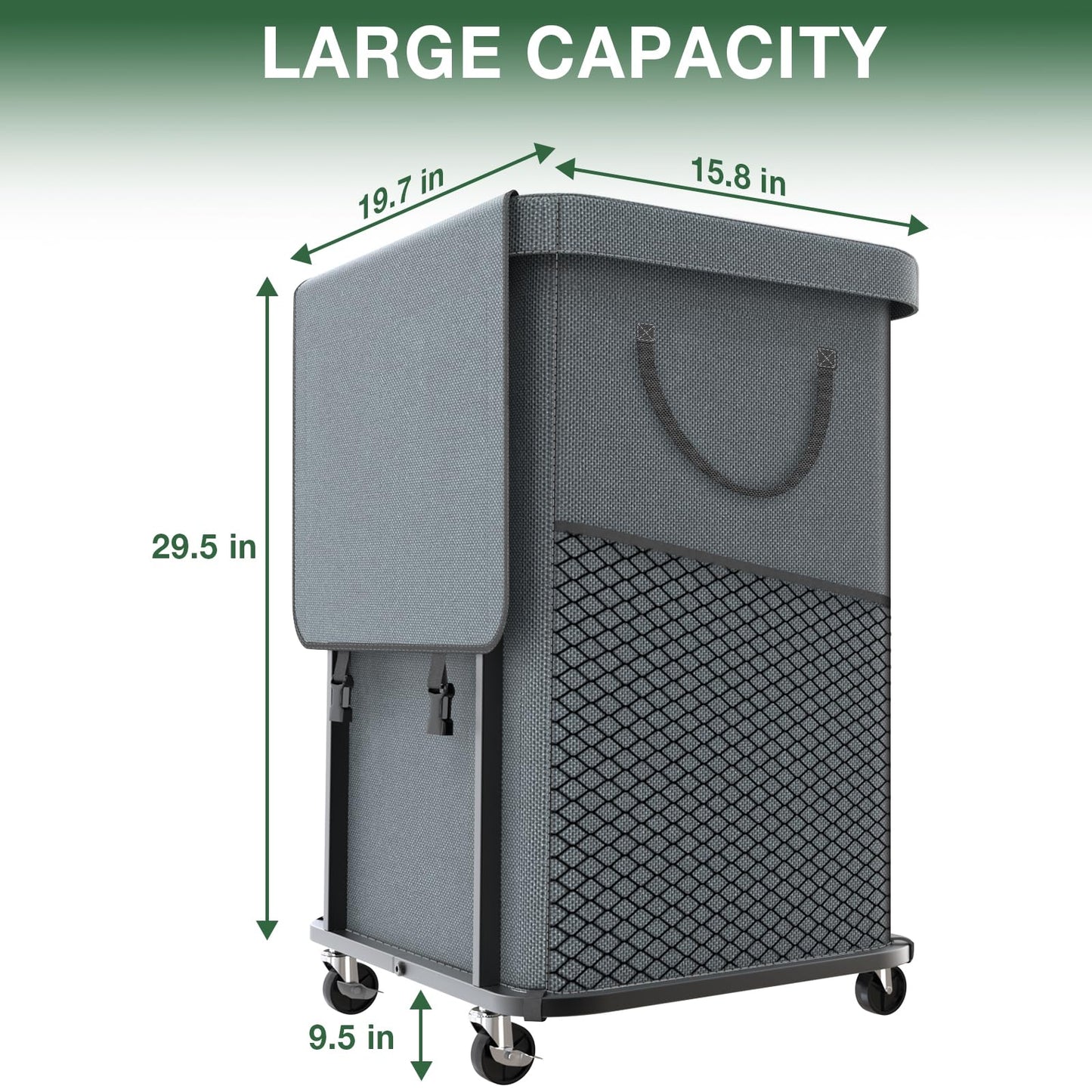 40 Gal(150L) Laundry Basket with Lid, Rolling Laundry Hamper with Wheels, Dirty Clothes Hamper with Metal Frame and Removable Bag Design, Suitable for Laundry Room, Bedroom - Grey