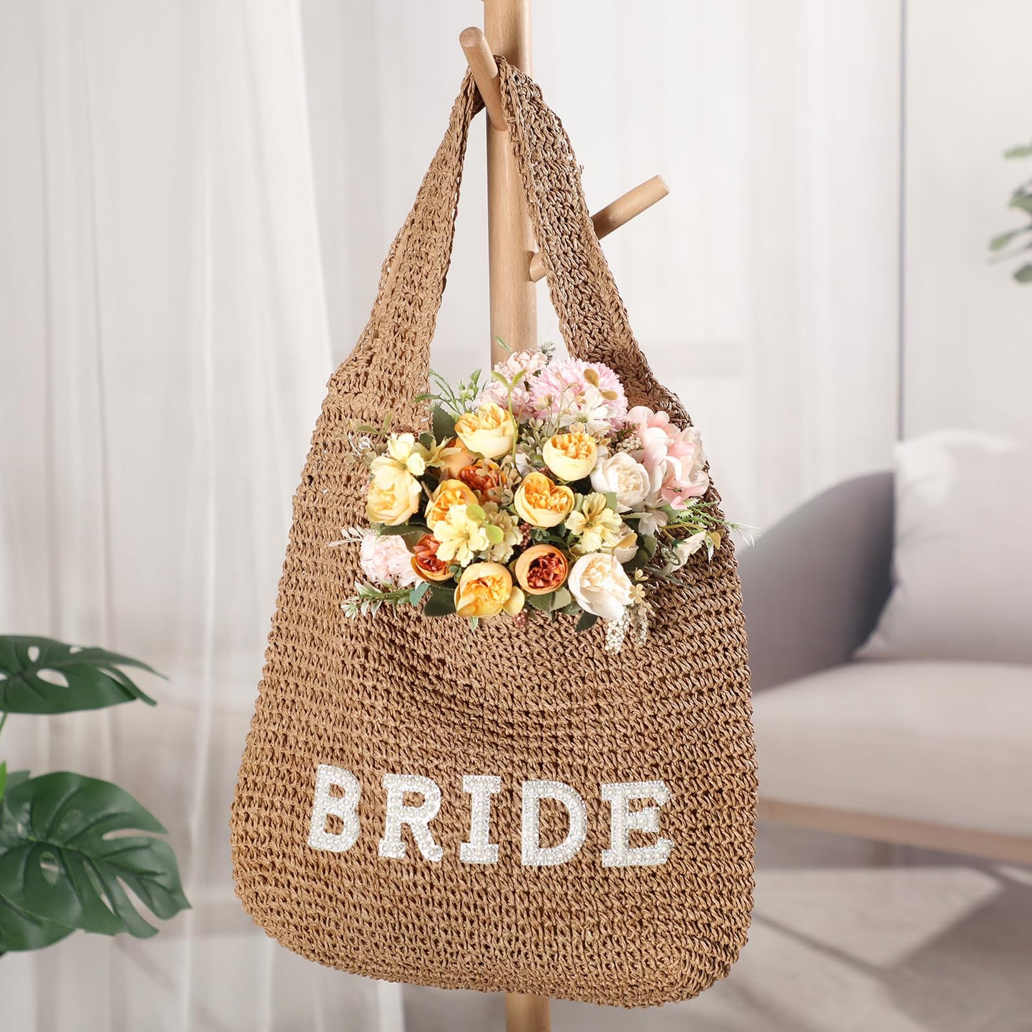 Locmeo Bride Handwoven Straw Bag for Women Boho Beach Shoulder Tote Bag Bride Summer Rhinestone Letters Tote for Women Wedding Bridal Shower Bachelorette Gift