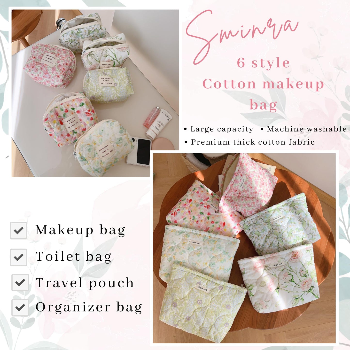 Sminra Floral Makeup Bag Large Travel Cotton Quilted Cosmetic Makeup Bag Organizer, Cute Coquette Aesthetic Zipper Portable Pouch Purse Toiletry Bag accessories